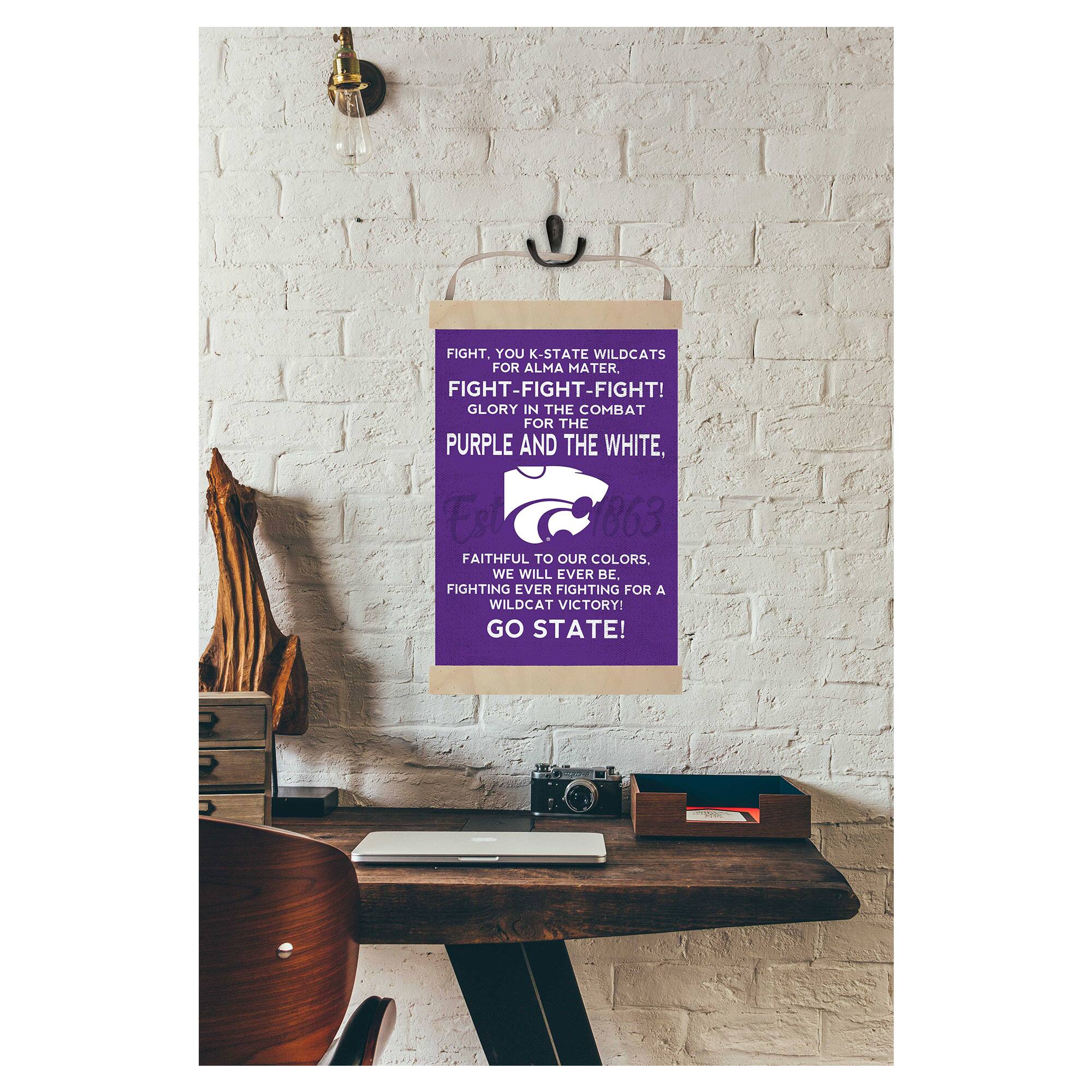 FIGHT, YOU K-STATE WILDCATS FOR ALMA MATER.  
FIGHT-FIGHT-FIGHT!  
GLORY IN THE COMBAT FOR THE PURPLE AND THE WHITE,  
Est 1863  
FAITHFUL TO OUR COLORS. WE WILL EVER BE.  
FIGHTING EVER FIGHTING FOR A WILDCAT VICTORY!  
GO STATE!