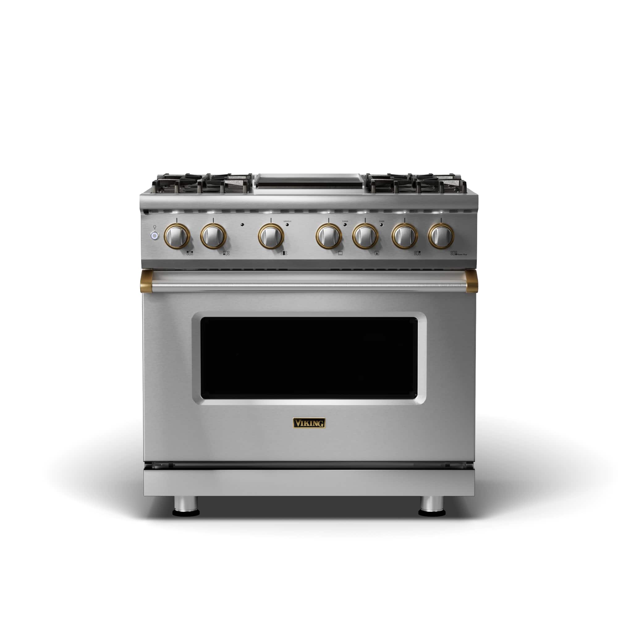 Front. Viking - 5-Series 5.6 Cu. Ft. Self-Cleaning Freestanding Dual Fuel Convection Range - Stainless with Brushed Brass Accents.