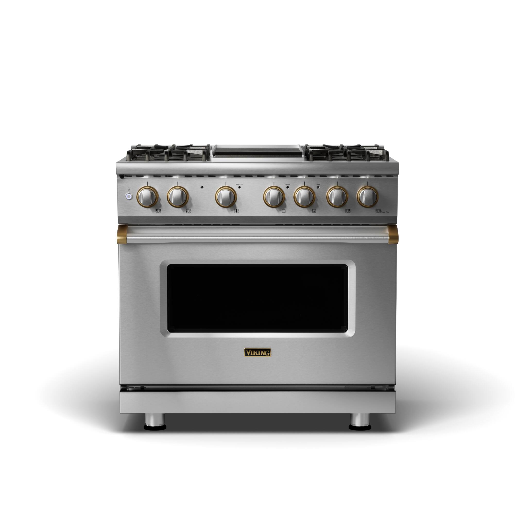 Front. Viking - 5-Series 5.6 Cu. Ft. Self-Cleaning Freestanding Dual Fuel Convection Range - Stainless with Brushed Brass Accents.