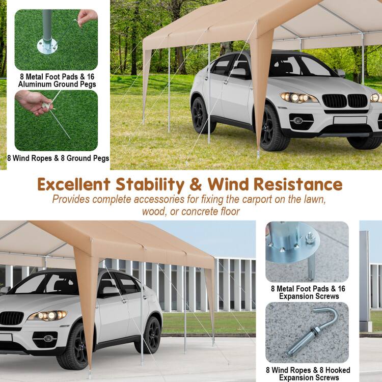 8 Metal Foot Pads & 16 Aluminum Ground Pegs  
8 Wind Ropes & 8 Ground Pegs  

Excellent Stability & Wind Resistance  
Provides complete accessories for fixing the carport on the lawn, wood, or concrete floor  

8 Metal Foot Pads & 16 Expansion Screws  
8 Wind Ropes & 8 Hooked Expansion Screws