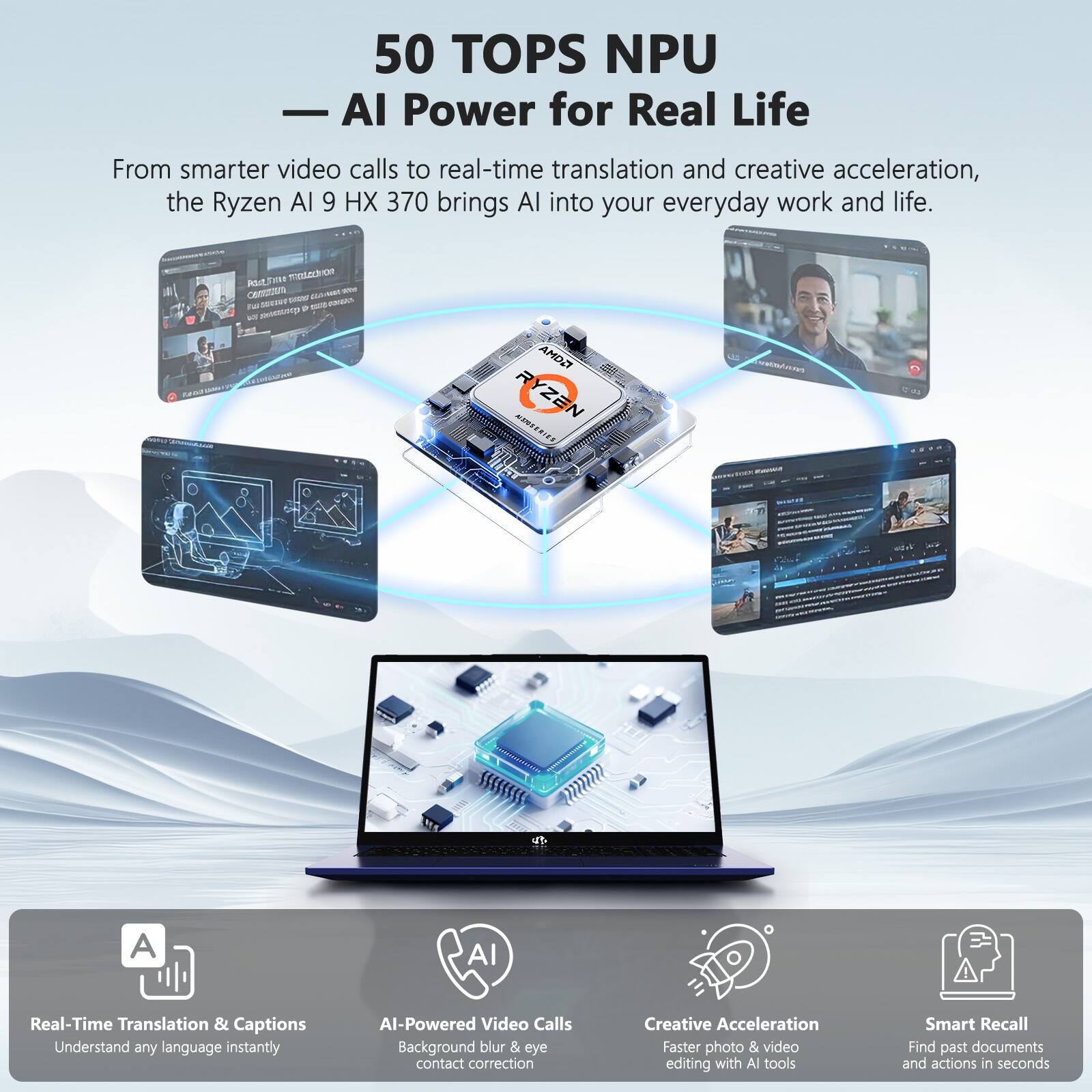 50 TOPS NPU  
— AI Power for Real Life

From smarter video calls to real-time translation and creative acceleration, the Ryzen AI 9 HX 370 brings AI into your everyday work and life.

- Real-Time Translation & Captions  
  Understand any language instantly

- AI-Powered Video Calls  
  Background blur & eye contact correction

- Creative Acceleration  
  Faster photo & video editing with AI tools

- Smart Recall  
  Find past documents and actions in seconds