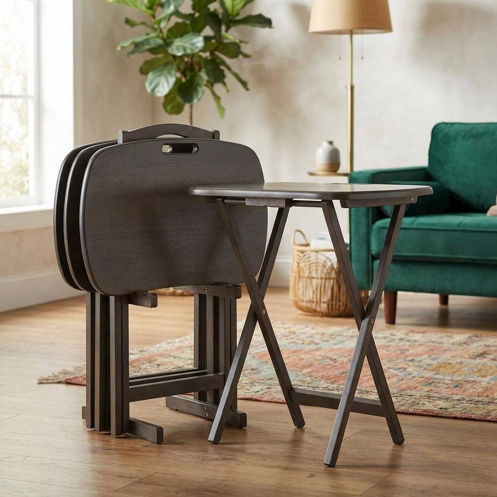 Alt View 3. FurniFact - 5-PC Folding Tray Table Set - Oyster Gray.
