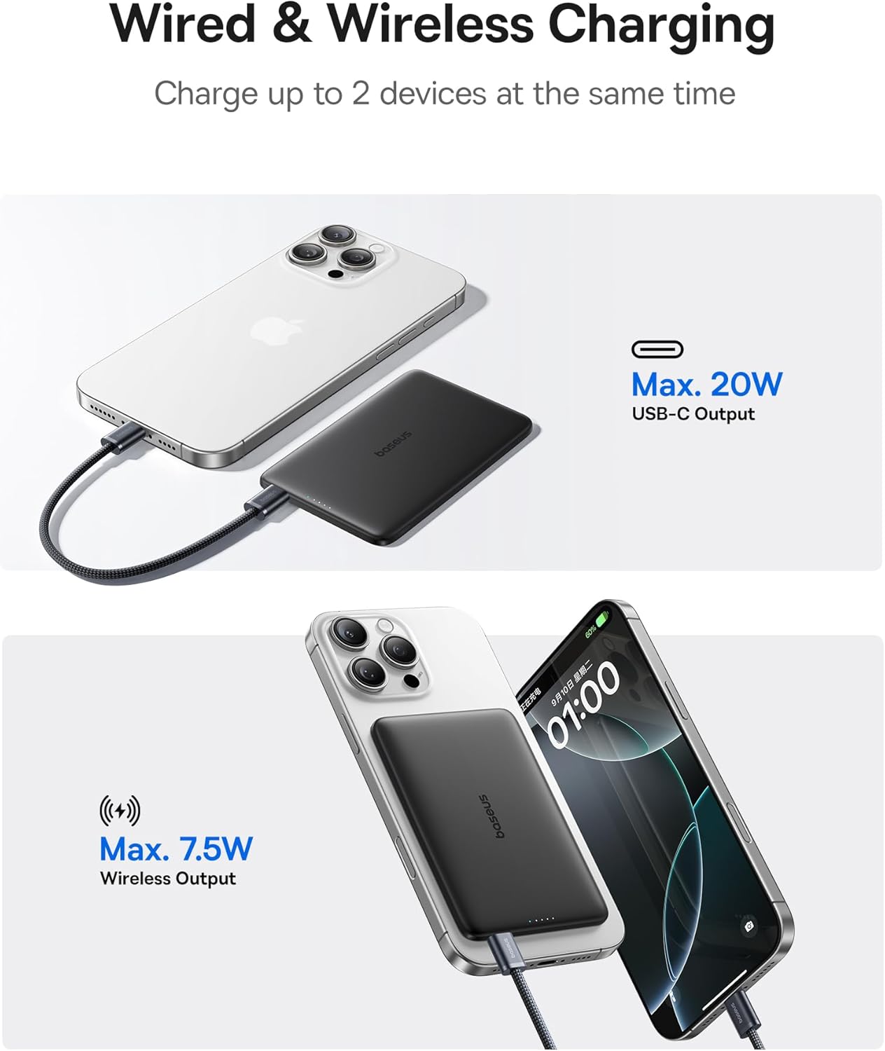 Wired & Wireless Charging Charge up to 2 devices at the same time Max. 20W USB-C Output Max. 7.5W Wireless Output