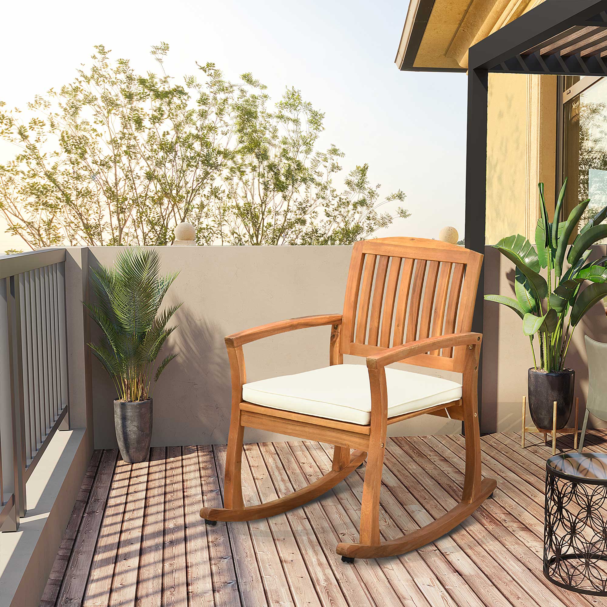 Angle. Outsunny - Outdoor Rocking Chair with Cushion, Acacia Wood Patio Rocker for Backyard, Patio, Home, Teak Tone - Teak.