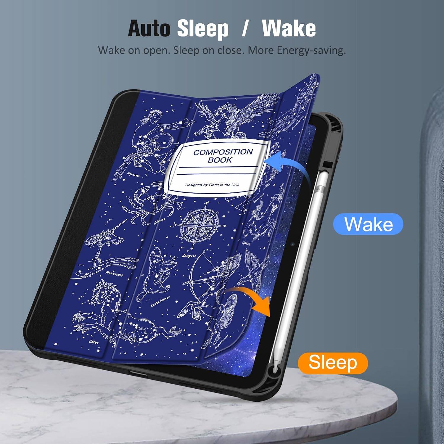 Auto Sleep / Wake  
Wake on open. Sleep on close. More Energy-saving.

Aquarios  
COMPOSITION BOOK  
Designed by Fintle in the USA

Wake  
Sleep