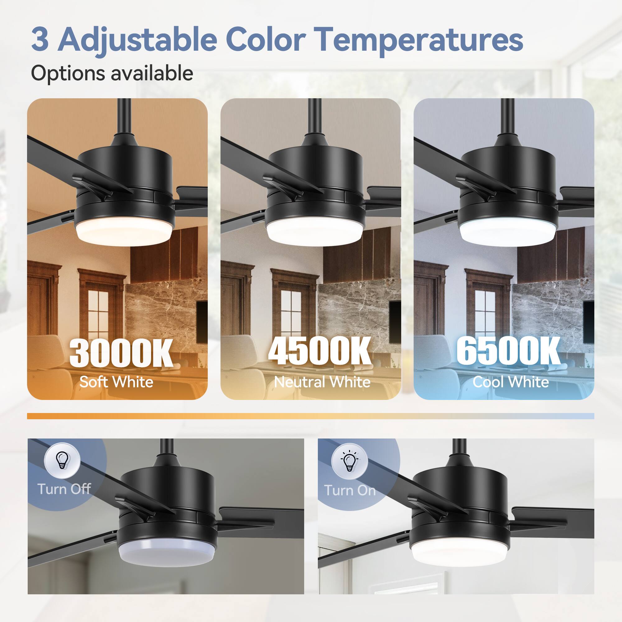 3 Adjustable Color Temperatures Options available
3000K Soft White
4500K Neutral White
6500K Cool White
Turn Off
Turn On