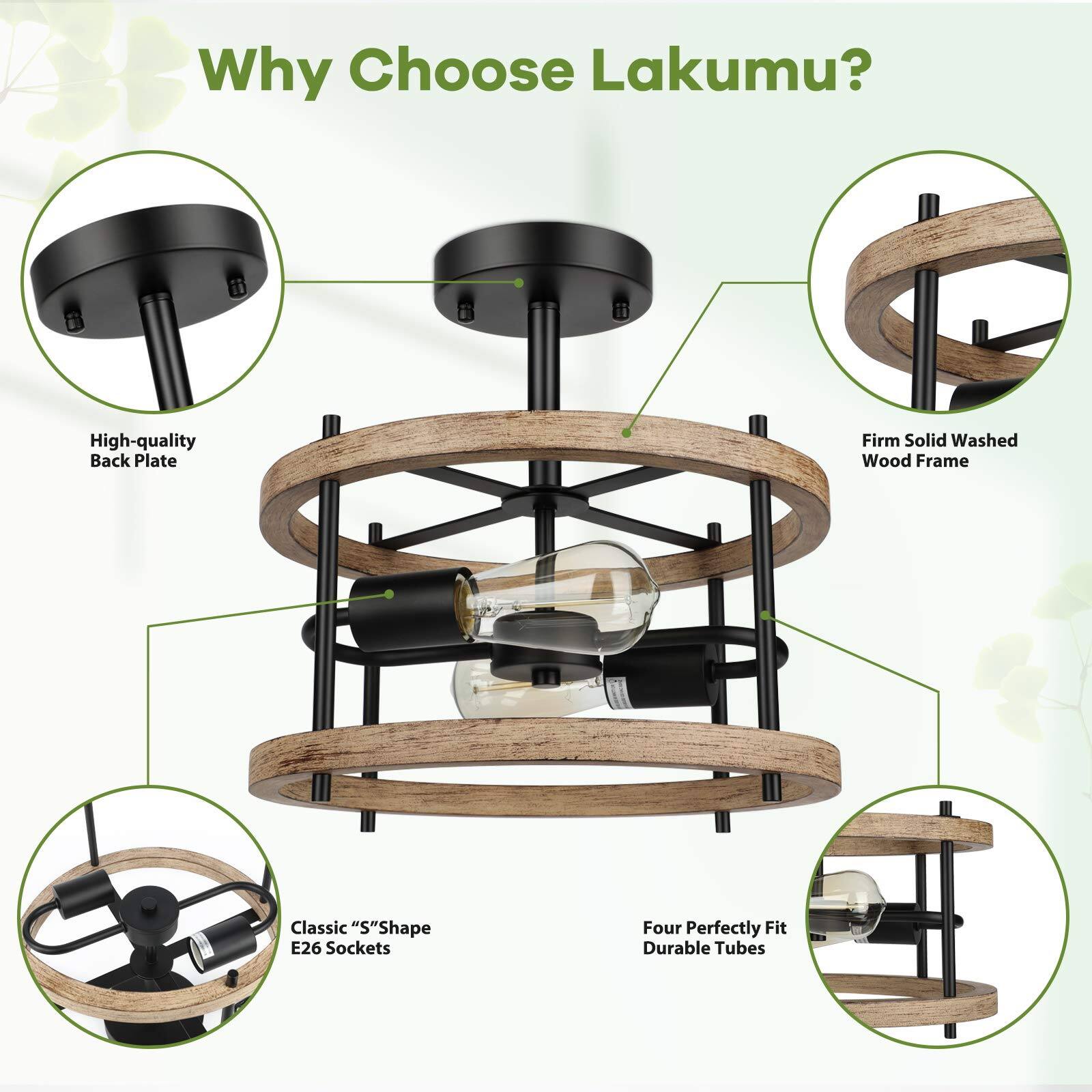 Why Choose Lakumu?

- High-quality Back Plate
- Firm Solid Washed Wood Frame
- Classic "S" Shape E26 Sockets
- Four Perfectly Fit Durable Tubes