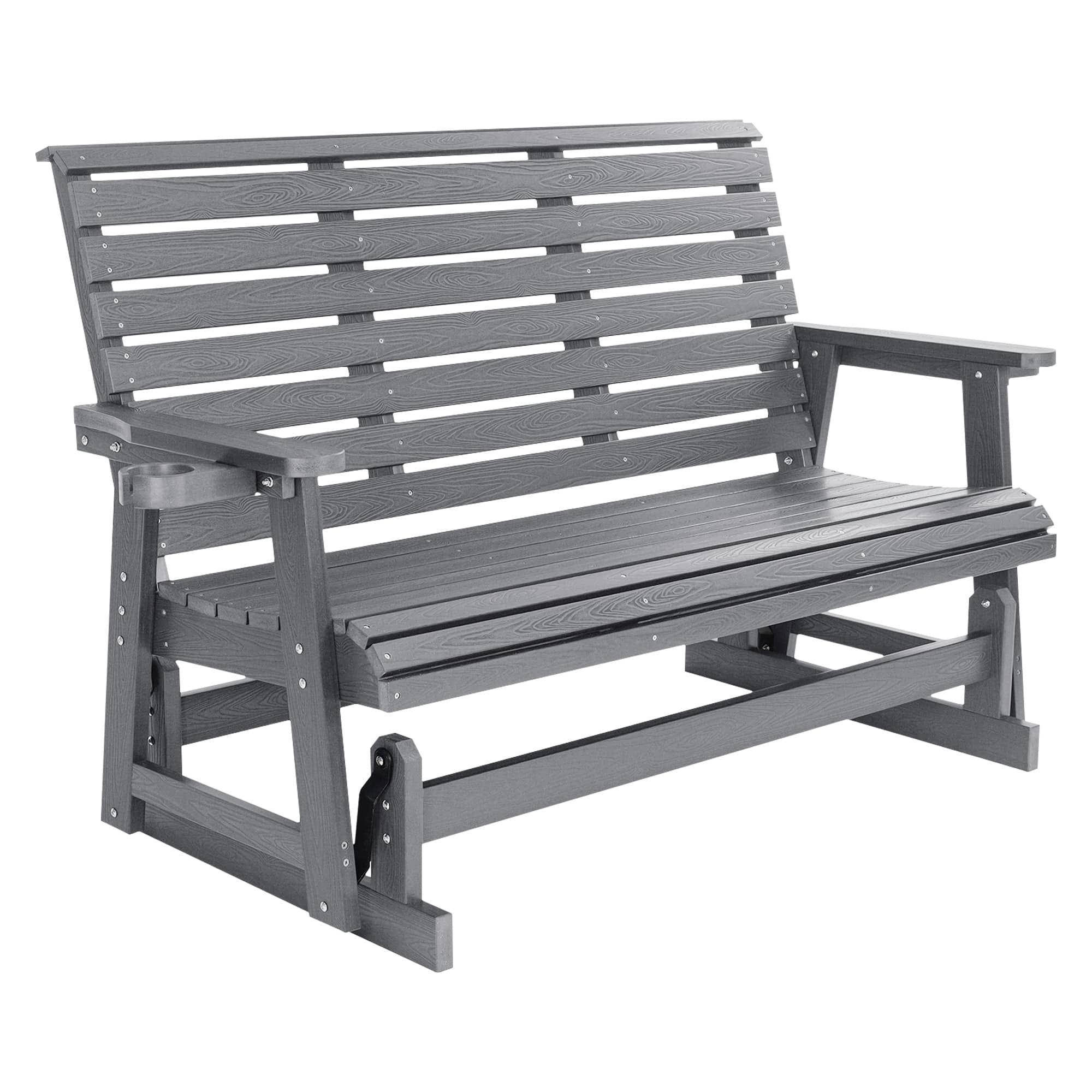 Fortune Candy - HIPS Outdoor Glider Bench w/Cup Holders, Porch Glider w/High Back & Deep Contoured Seat, for Garden Yard - Gray