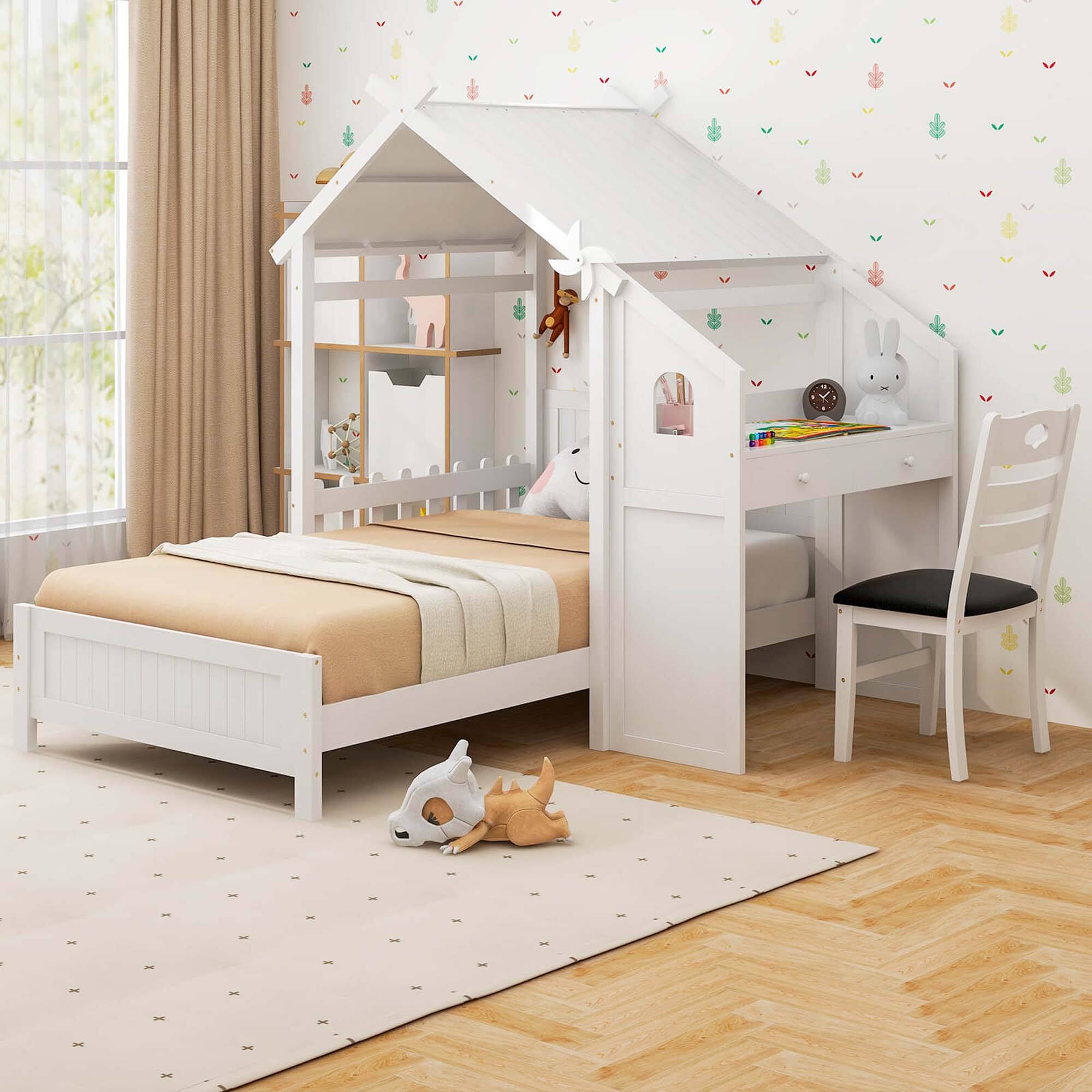 Angle. Costway - Twin House Bed with Desk & Chair with 2 Drawers Windmill Fence & Headboard for Teens - White.