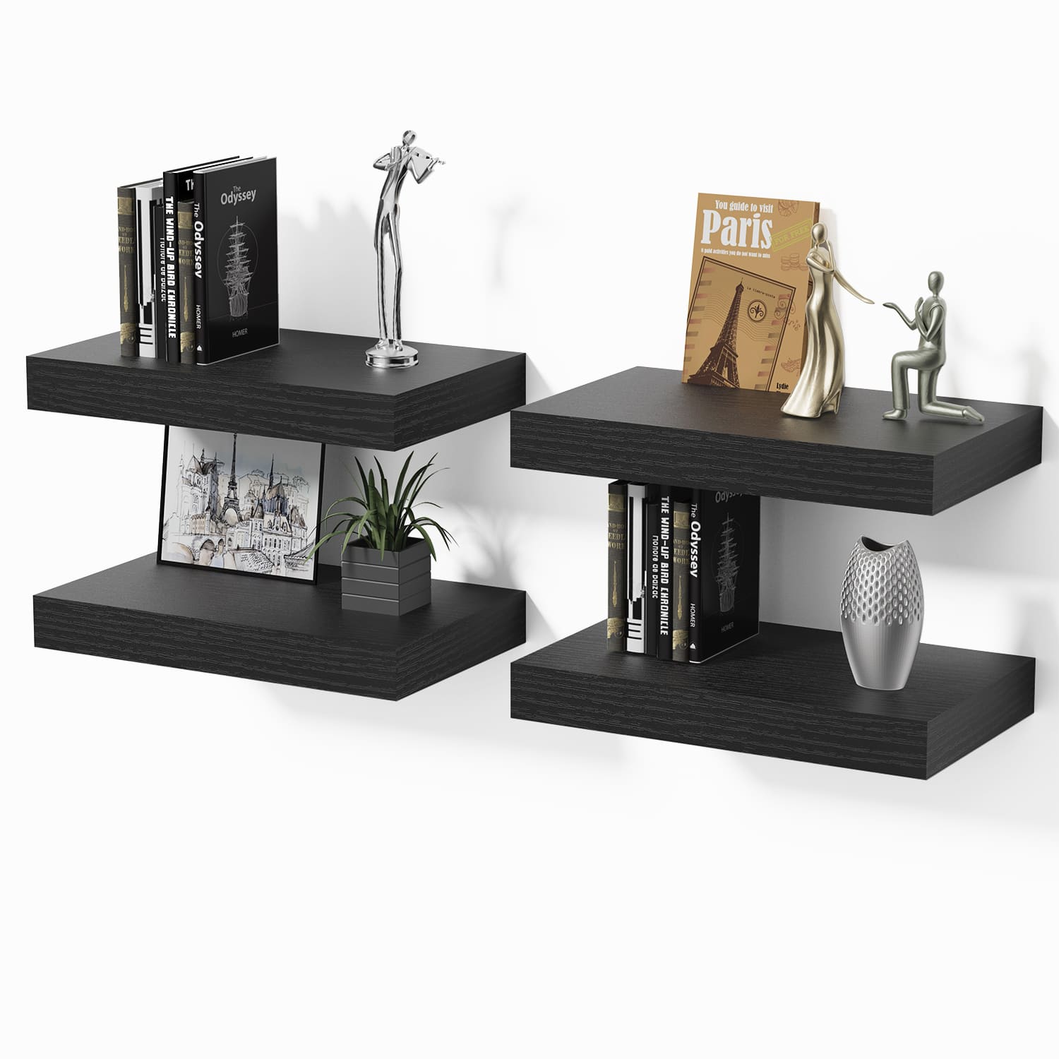 BOMEDA - Wall Mounted Wooden Floating Shelves, Bathroom Shelves for Bedroom, Living Room, Room Storage Shelf, 12x7x1.5 in, 4 Pack - Black