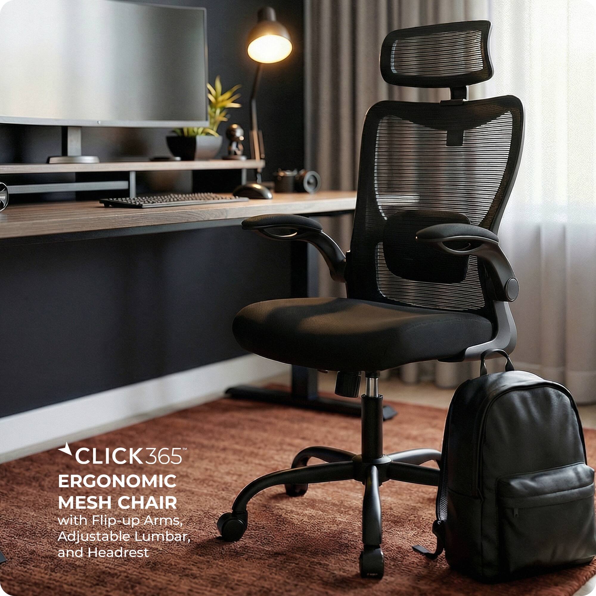 CLICK365 ERGONOMIC MESH CHAIR with Flip-up Arms, Adjustable Lumbar, and Headrest