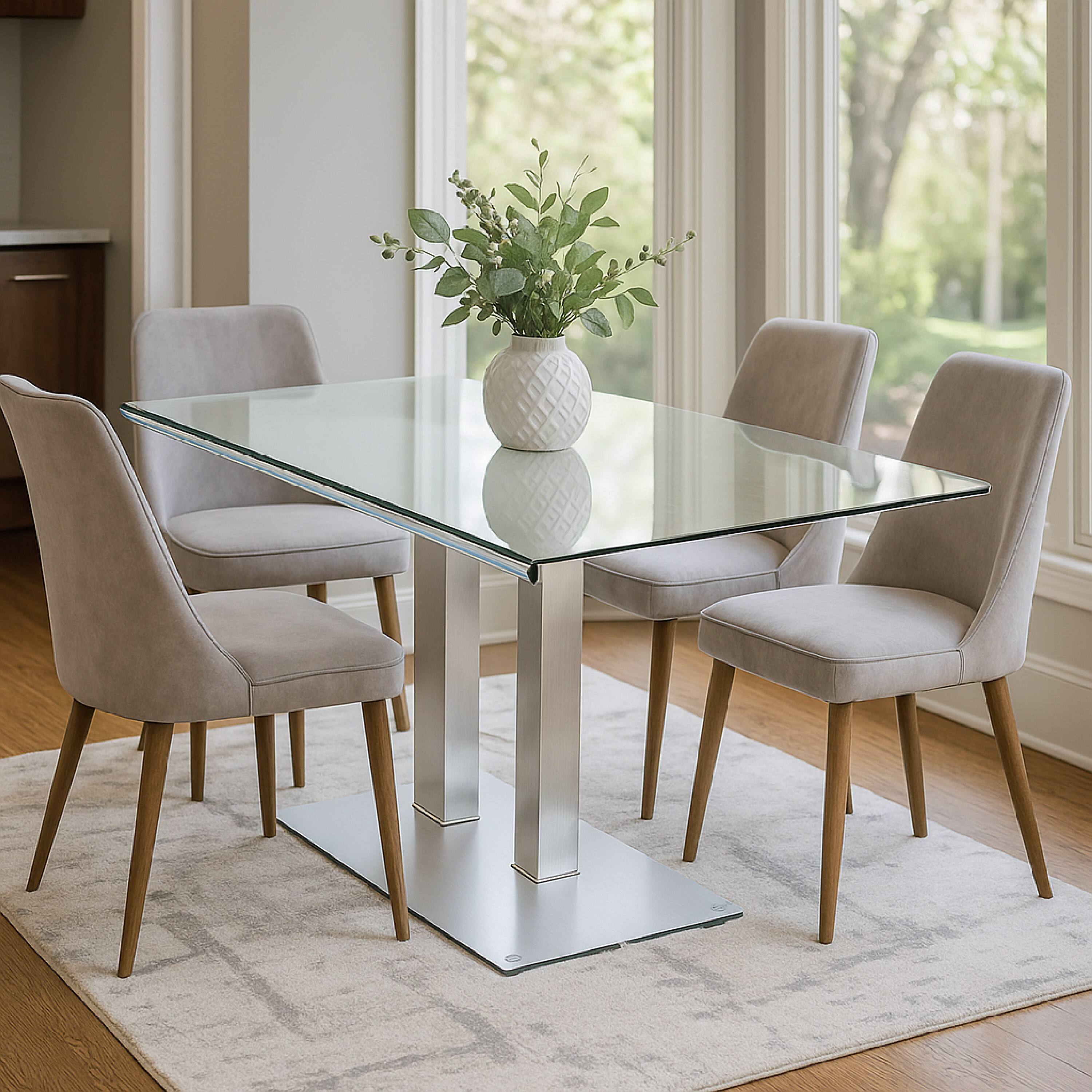 Alt View 5. Manhattan Lane - Metal and Glass Dining table with Dual Post Pedestal base - Chrome.