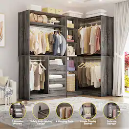 Aheaplus - 72" Freestanding Corner Closet System - 2-Piece Wood Wardrobe with Drawers & Hanging Rods - Gray Oak