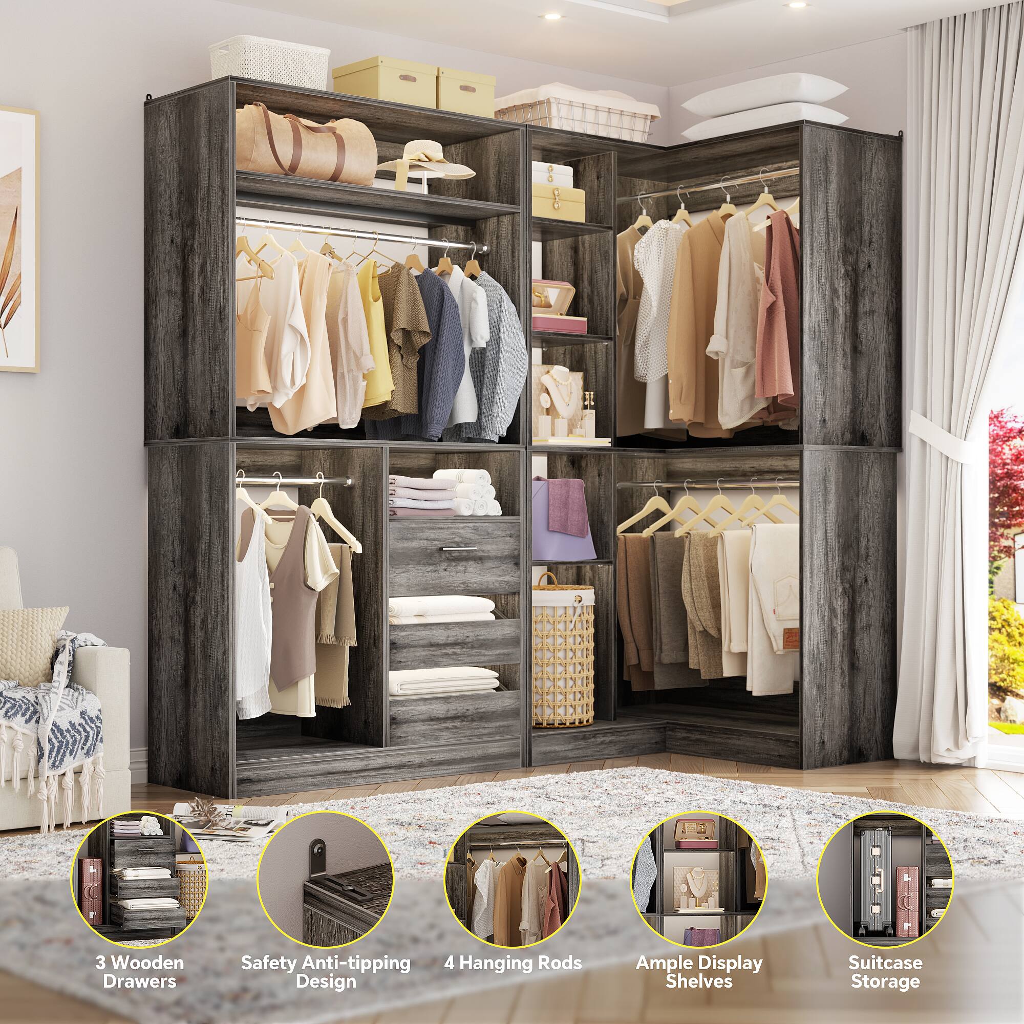 1. 3 Wooden Drawers
2. Safety Anti-tipping Design
3. 4 Hanging Rods
4. Ample Display Shelves
5. Suitcase Storage