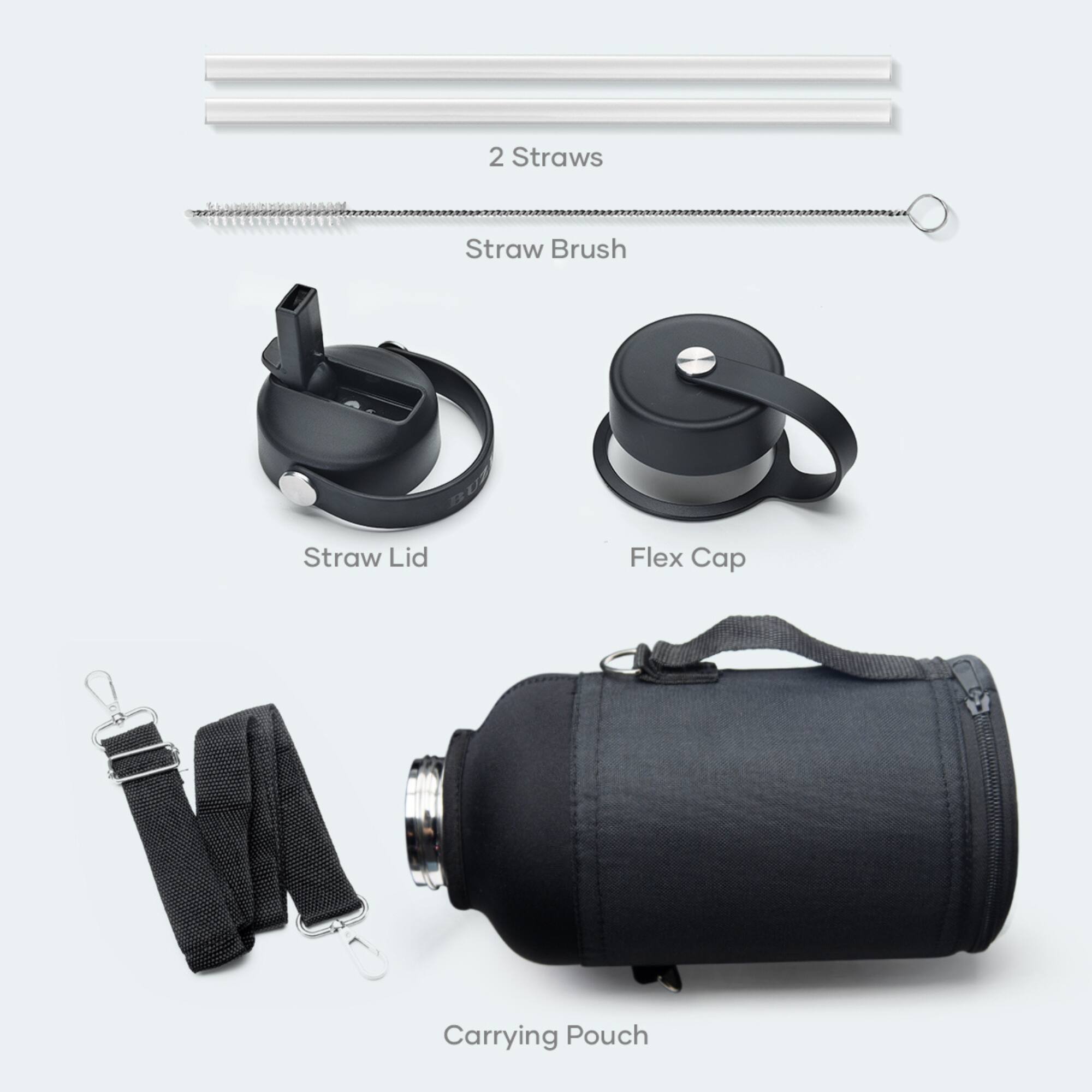 - 2 Straws
- Straw Brush
- Straw Lid
- Flex Cap
- Carrying Pouch