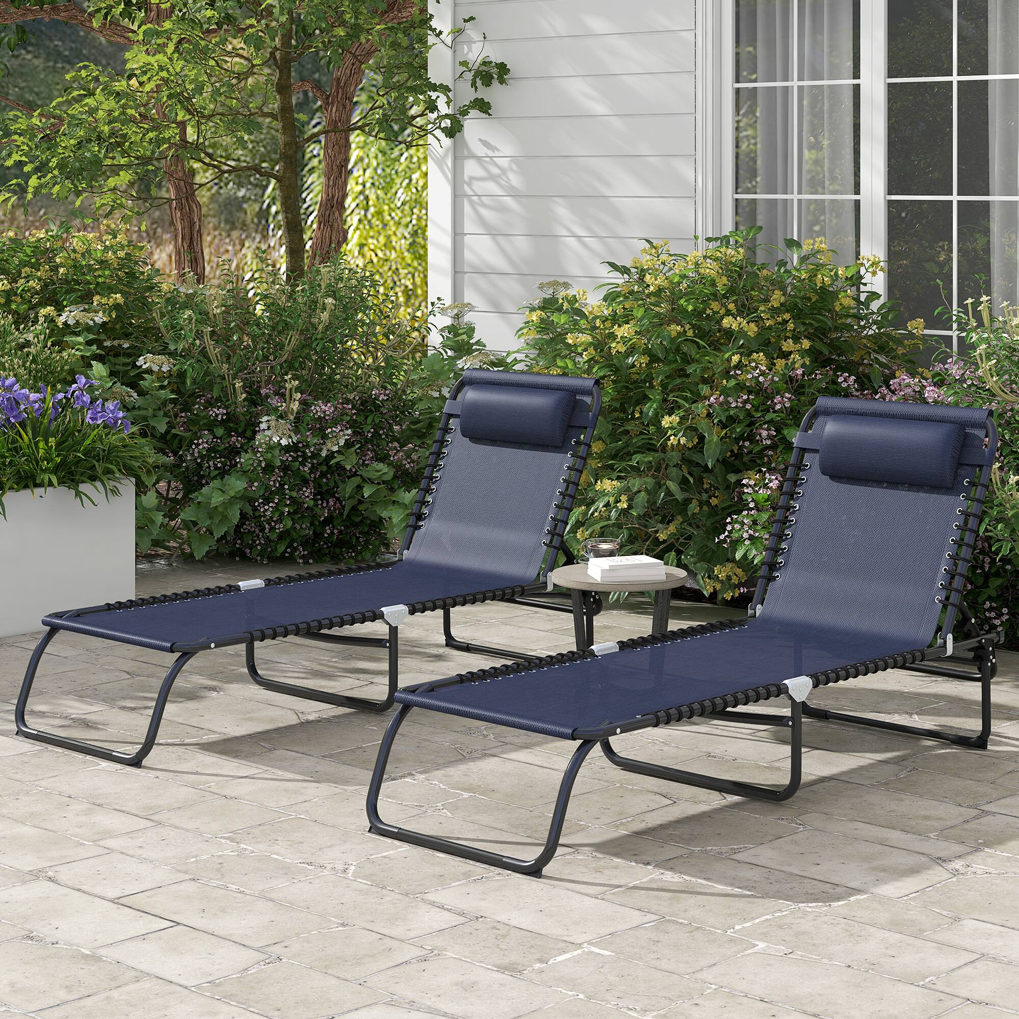 Alt View 1. Outsunny - Folding Chaise Lounge Chair Set of 2, Patio Sun Tanning Chair, Outdoor Chaise Lounger with 4-Position Reclining Back - Dark Blue.