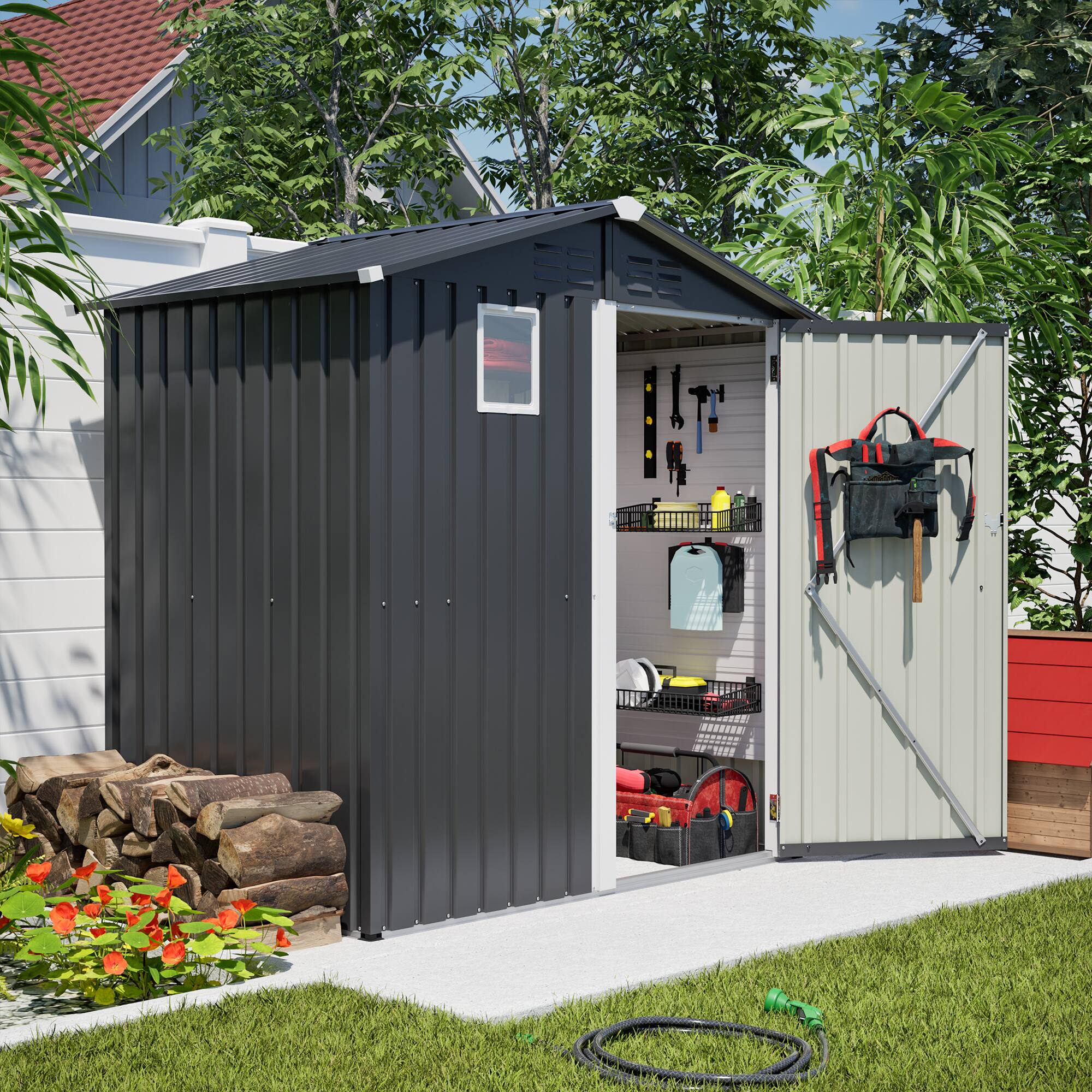 Left. Mondawe - 6FT x 4FT Metal Outdoor Storage Shed - Gray.