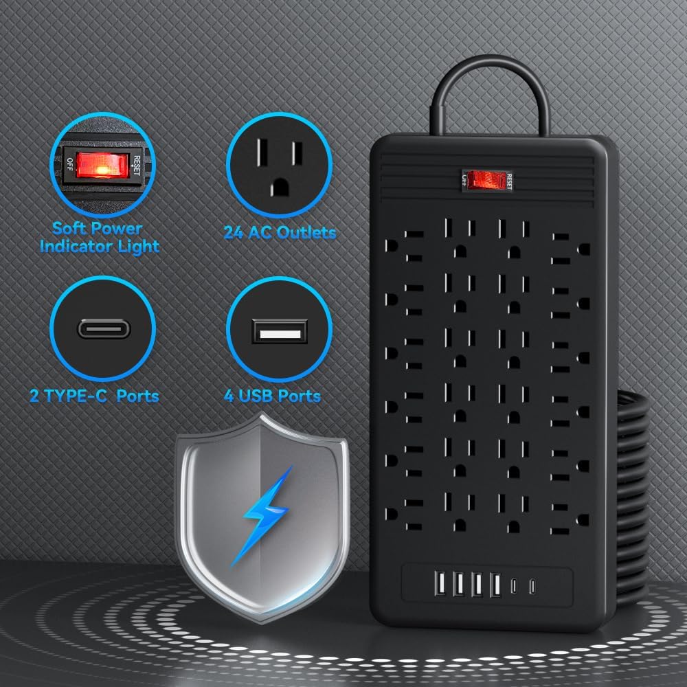 - Soft Power Indicator Light
- 24 AC Outlets
- 2 TYPE-C Ports
- 4 USB Ports