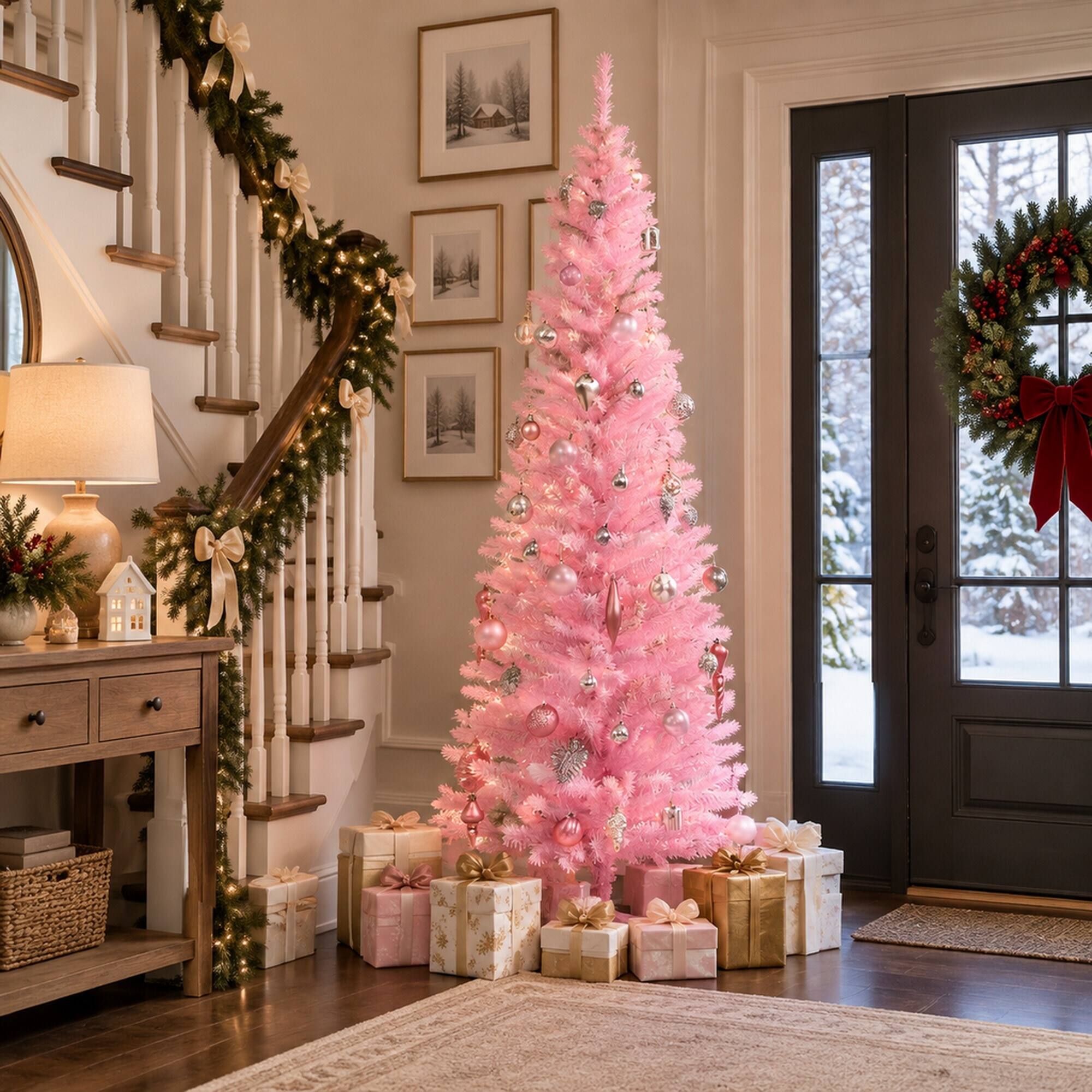 Alt View 1. RYHNUYNE - Pink Pencil Christmas Tree With Snowy Tips and Chic Holiday Style - Pink.