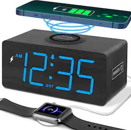Stamp n Camp - DreamSky Wooden Digital Alarm Clock with Wireless Charging for Bedroom, Bedside Nightstand Charger Station, USB Port - Blue
