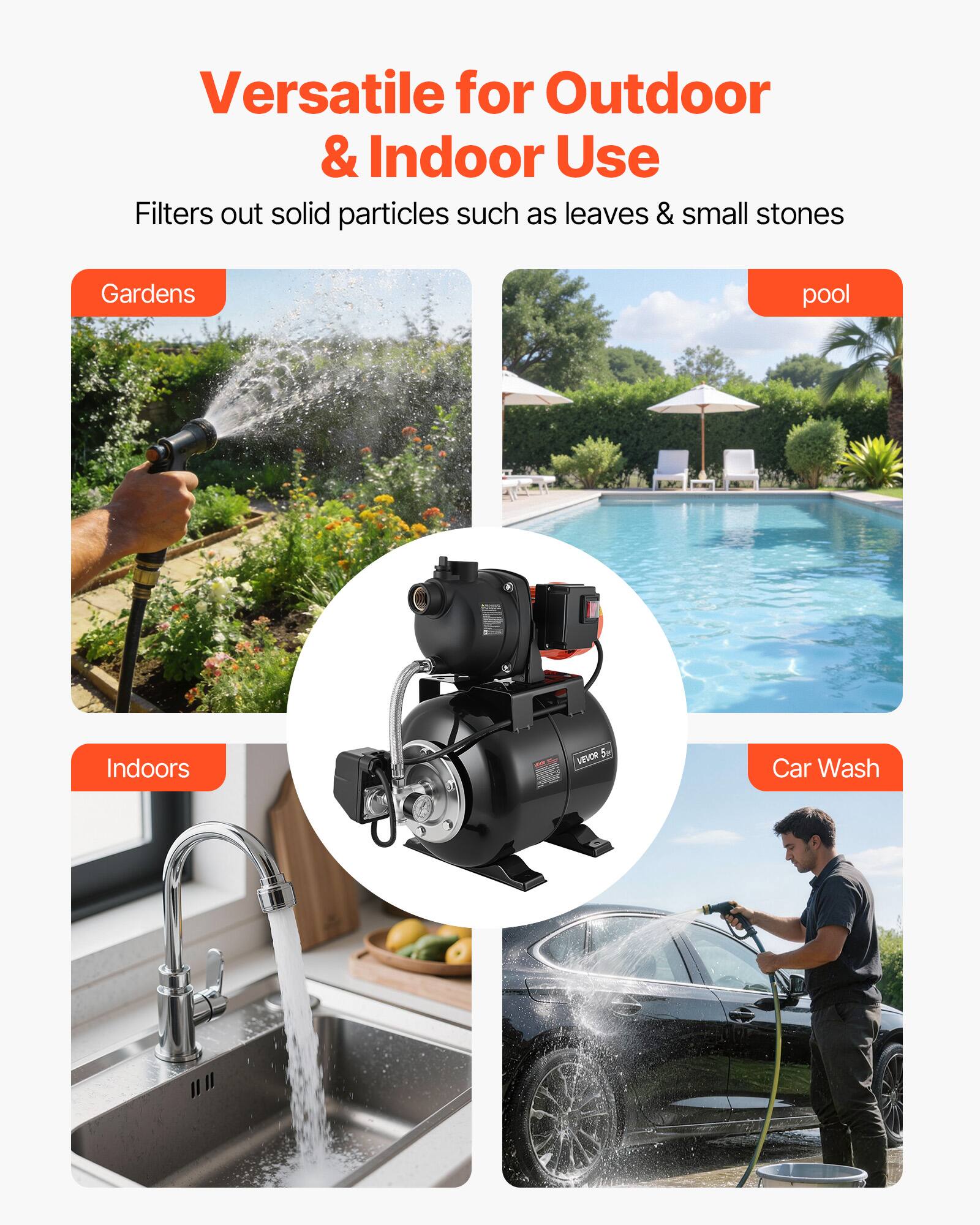 Versatile for Outdoor & Indoor Use  
Filters out solid particles such as leaves & small stones  

Gardens  
pool  
Indoors  
Car Wash