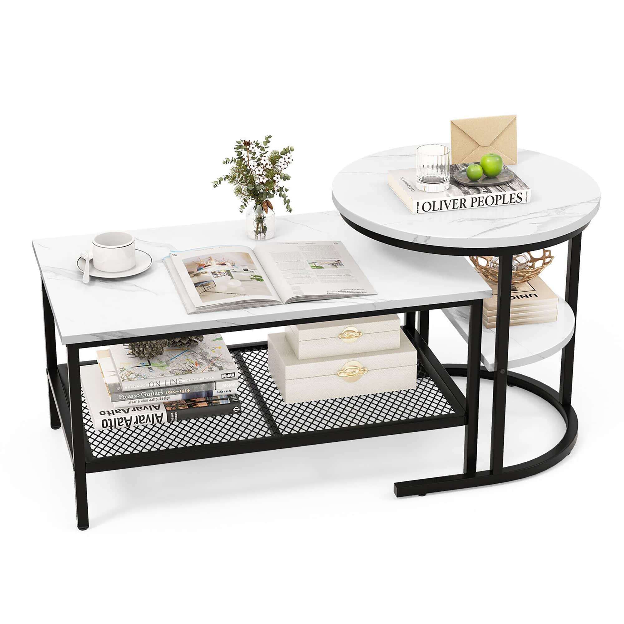 Gymax - Nesting Coffee Table Set of 2 Faux Marble Top Detachable w/ Storage Shelf Black - Black, White