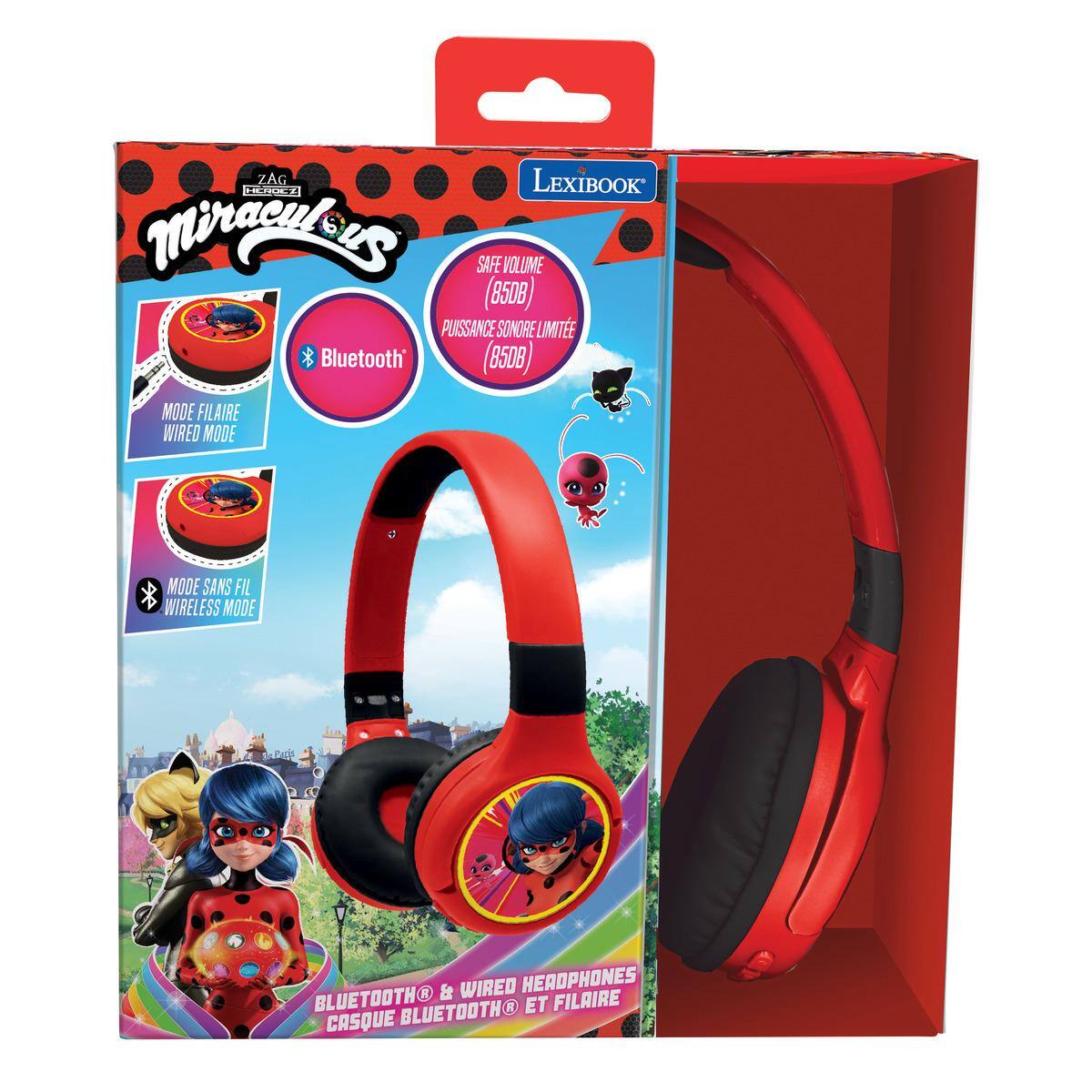ZAG LEXIBOOK Miraculous SAFE VOLUME (8508) PUSSANCE SONORE LIMITE Bluetooth (850B) MODE FILAIRE WIRED MODE MODE SANS FIL WIRELESS MODE & WIRED HEADPHONES BLUETOOTH BLUETOOTH ET FILAIRE CASQUE
