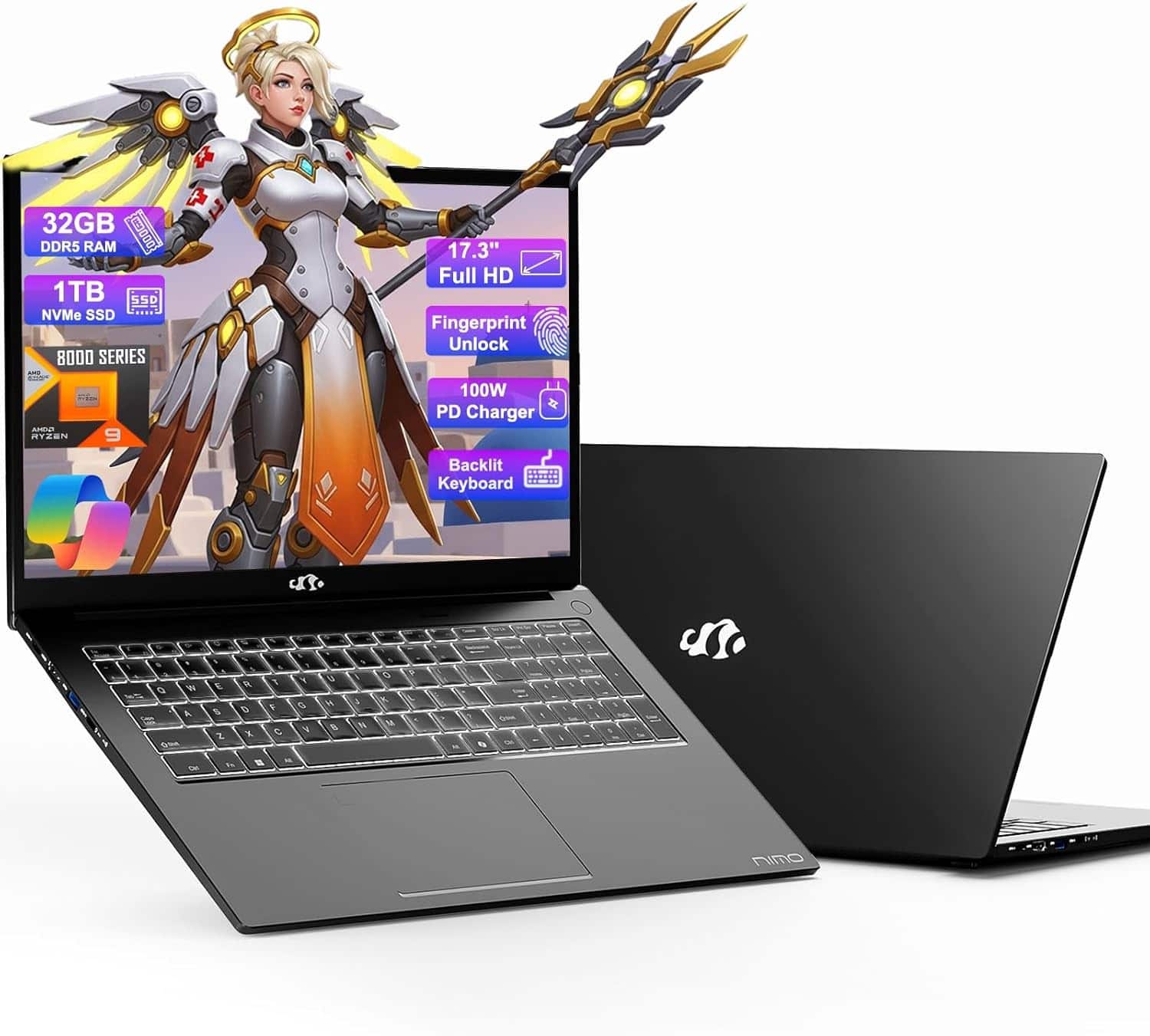 NIMO - 17.3 Gaming-Laptop AI Ryzen 9 8945HS 32GB RAM 1TB SSD USB-C 4.0 AI-Enhanced for Copilot VR Ready - Black