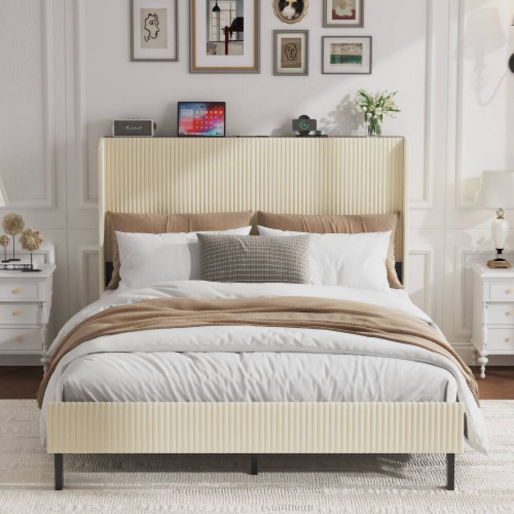 Angle. LUCKY ONE - Queen Size Platform Bed , Metal Bed Frame with Charging Station - Beige.