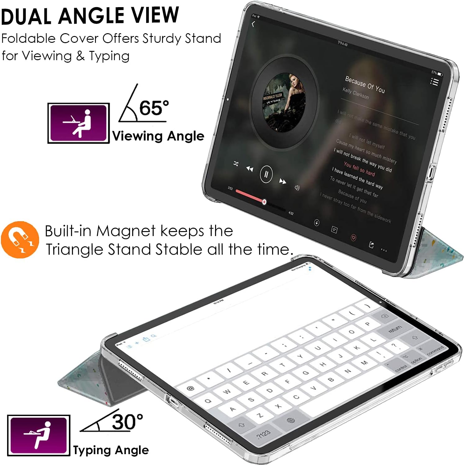 DUAL ANGLE VIEW  
Foldable Cover Offers Sturdy Stand for Viewing & Typing  
65° Viewing Angle  
Built-in Magnet keeps the Triangle Stand Stable all the time.  

4 Because Of You Kelly Clarkson  
500 not did the same mistake that will not you Cause let will you heart myself not SO much break the mistery You fell way you have 50 hard did To learned the never let It hard way get that Inever Because of you far stray too for from the sidework ...

a 30° Typing Angle  
Q W A S D Z X C V B N M  
return ? command option control