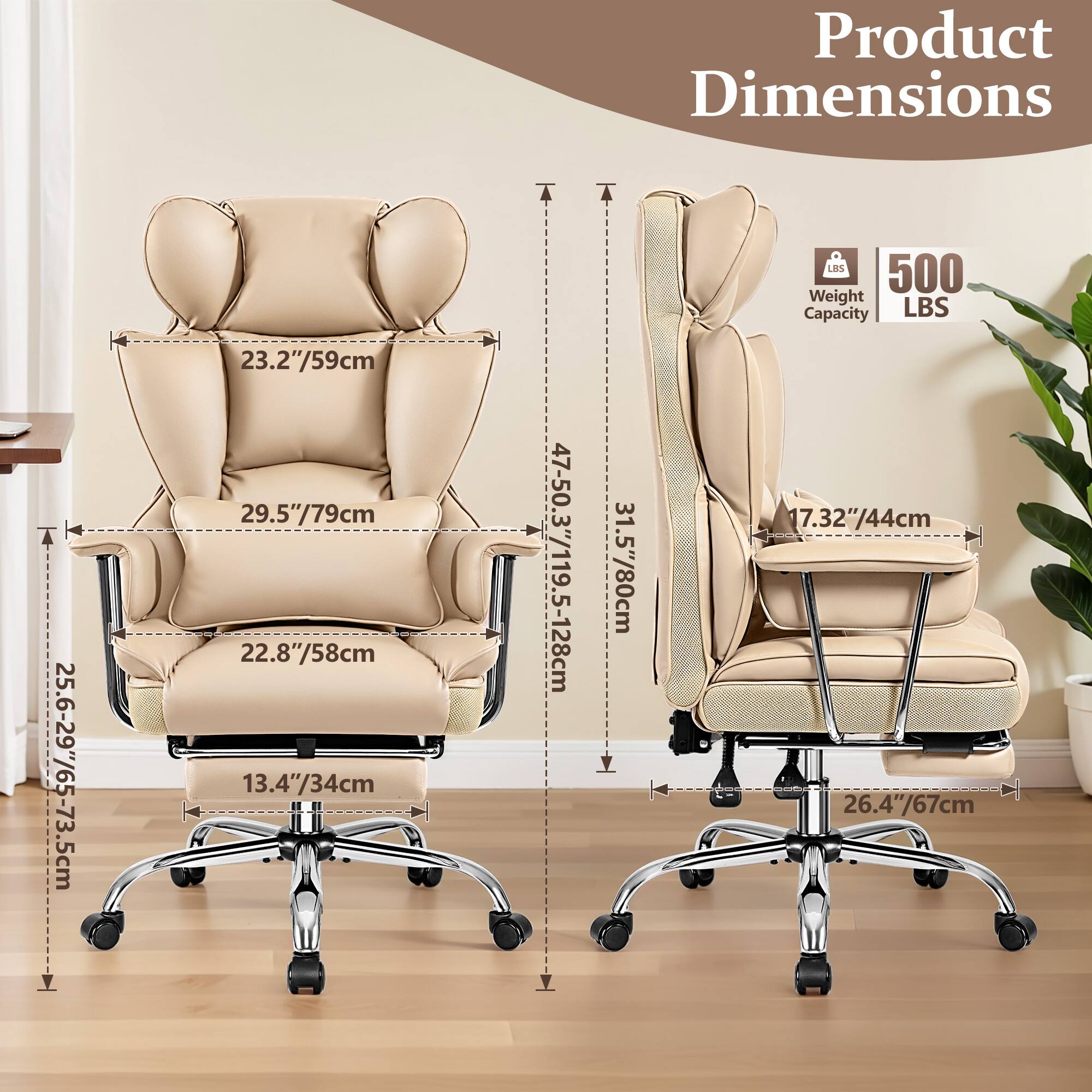 Product Dimensions 25.6-29"/65-73.5cm, 23.27/59cm, 29.5"/79cm, 22.8/58cm, 13.4"/34cm, 47-50.3"/119.5-128cm, 31.5"/80cm, 17.32"/44cm, 26.4"67cm, LES 500 Weight Capacity LBS