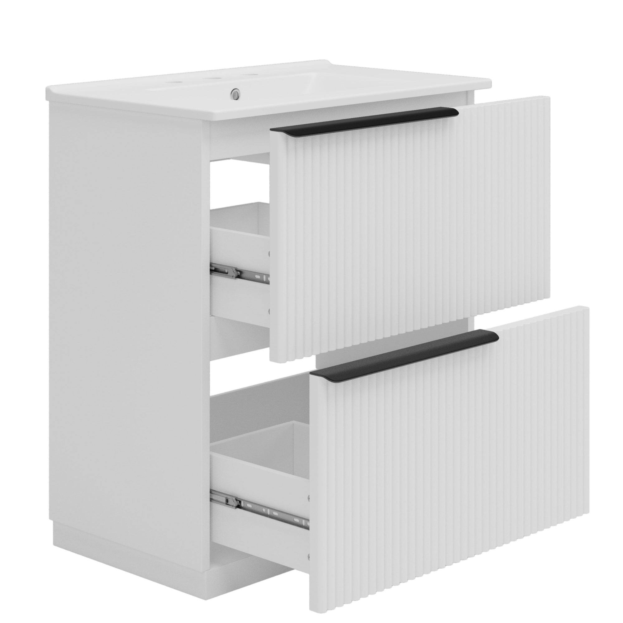 Angle. Boyel Living - 30 Inch Bathroom Vanity with Ceramic Sink Full Extension Drawers Soft Close Fluted Design White - White.