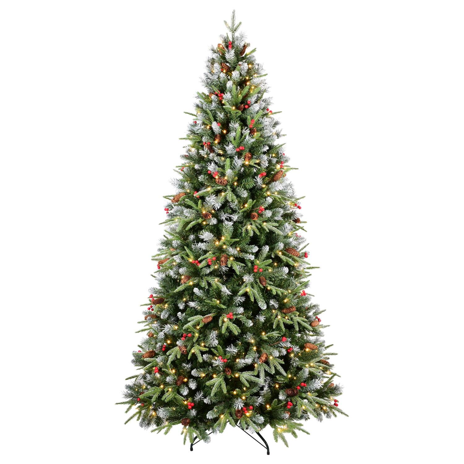 Front. Pefilos - 7ft LED Christmas Tree with 2178 Mixed Branch Tips, Vibrant Red Fruit & Pinecones, Foldable Base, Hinged Xmas Tree - Green.