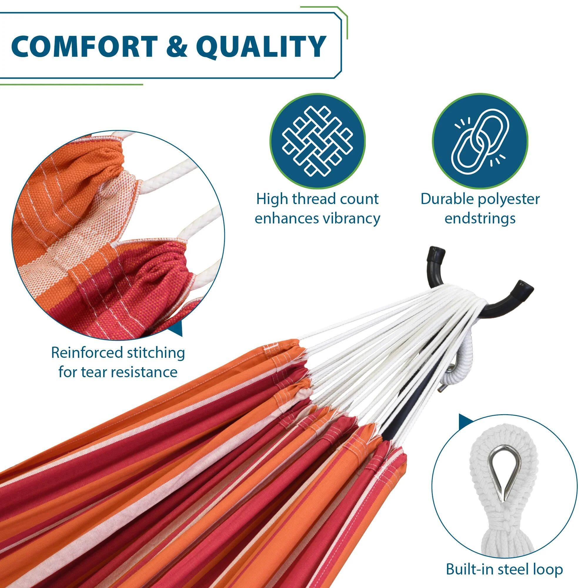 COMFORT & QUALITY

- High thread count enhances vibrancy
- Durable polyester endstrings
- Reinforced stitching for tear resistance
- Built-in steel loop