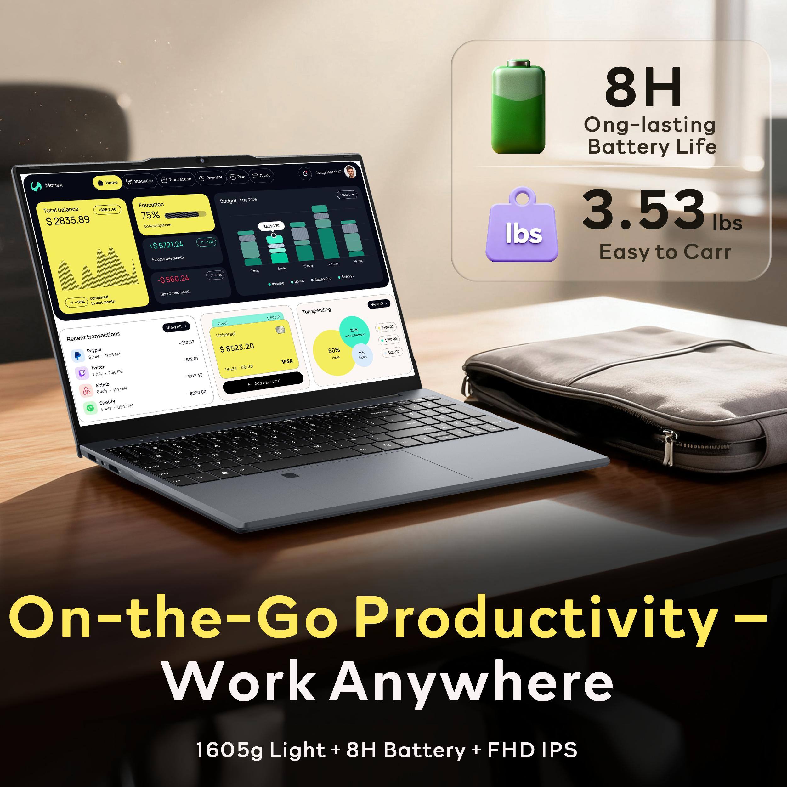 Tam - C - Mone Bunger - C T DAV INGILIN 75% $ 2835.89 - SA 24 E 55721.24 - i 560 24 - J - Sugvets TSmL - transartIons aer mAcan Ma Pae 5 8523.20 6ON ... vIsa - m THN - a AN - qe - Nuct SAn am un - 8H Ong-lasting Battery Life 3.53 lbs Easy to Carry - On-the-Go Productivity - Work Anywhere 1605g Light + 8H Battery + FHD IPS