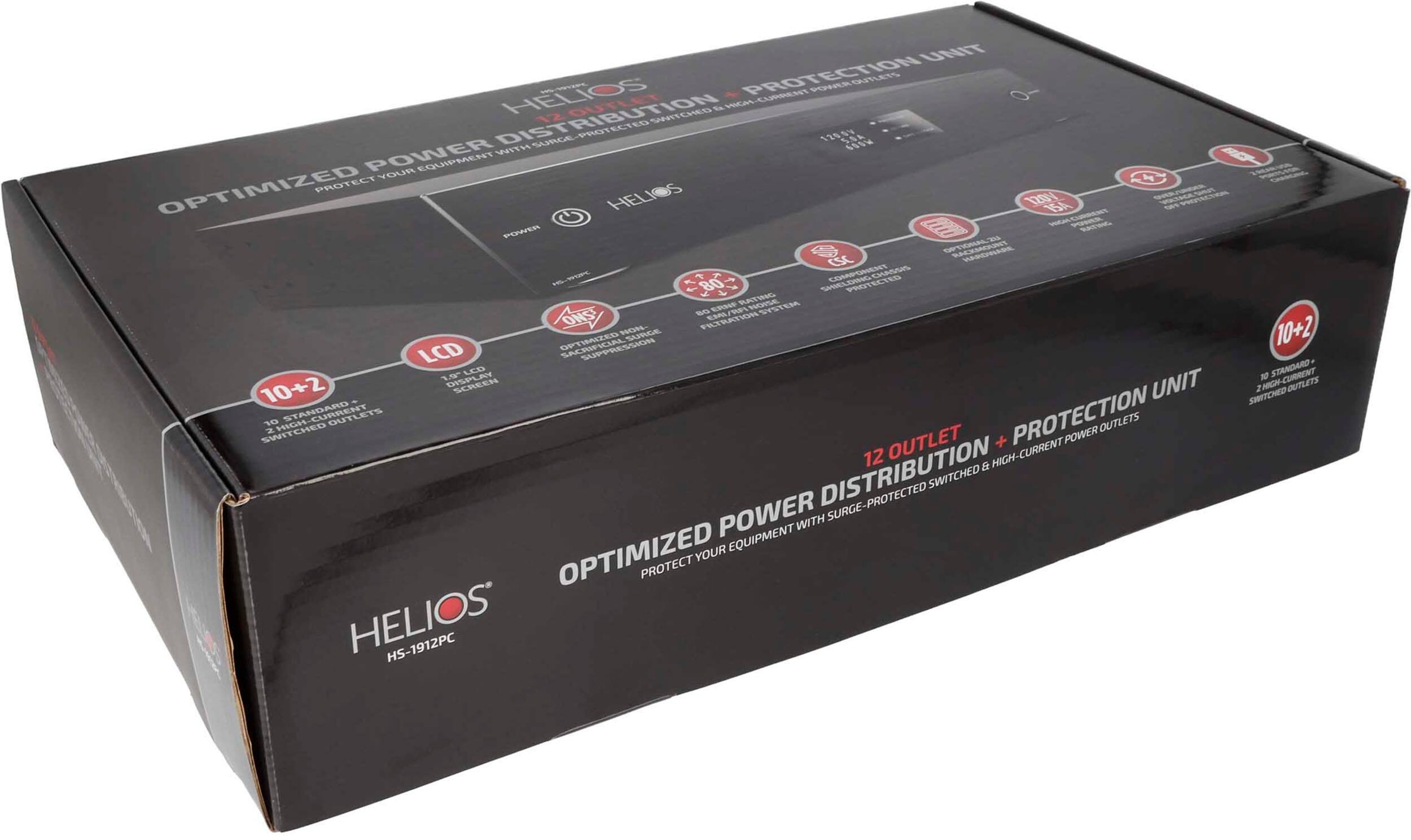 The text on the image reads: "UNIT HELIOS PROTECTION THEA POHEA COITLETS CHED RRCh RHGH-CURRENT DISTRIBUTION 12 ED SANT DISTRIB SURCE PROTECT 1206V CDA 650W POWER WITH EQUIPMENT YOUR OPTIMIZED PROTECT HELI 120 15A HiGa S FOWER OPTIONAL0 SAC HARDHARE CSC -igoc 7 COPOET CHASO 80 PROTEC ERRE RATINO SO EAAL RP SYSTEM HON FILTRATION OPTIMIZED SURGE LCD SUPPRESSION 1.9 LCO 10+2 SCREEN UNIT or STANDARD OUTLETS PROTECTION OUTLETS SWITCHED OUTLET + POWER 12 & HIGH-CURRENT DISTRIBUTION SURGE-PROTECTED SWITCHED POWER EQUIPMENT WITH OPTIMIZED YOUR PROTECT HELIOS HS-1912PC 10+2 N CH-CURRENT STANDARD OUTLETS SWITCHED."