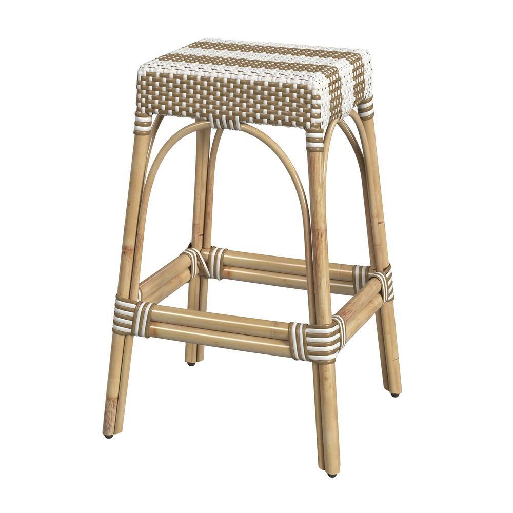 Alt View 1. Butler Specialty - Robias Rectangular Rattan 30" Bar Stool - Tan And White Stripe.