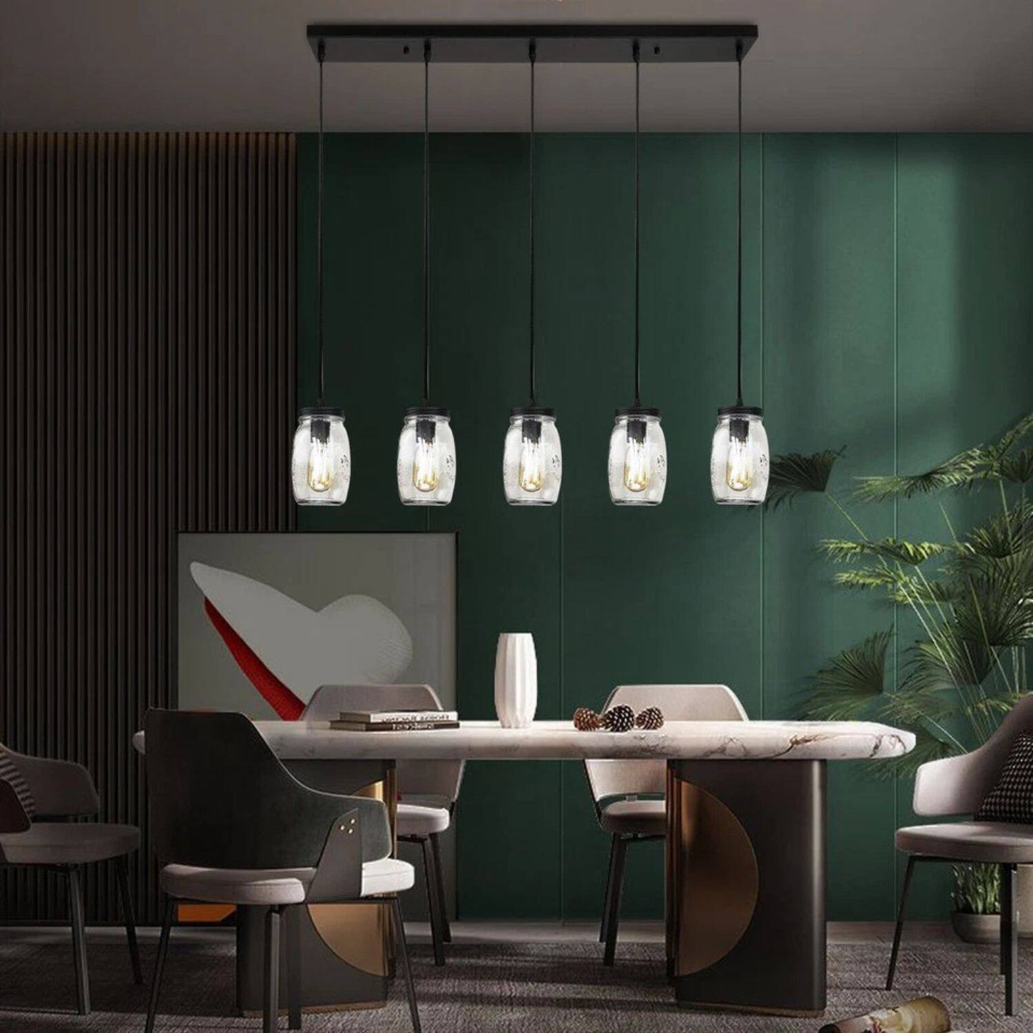 Left. Stock Preferred - Modern 5-Light Hanging Pendant Ceiling Lamp Chandelier with Glass Mason Jar Shades - Clear Glass Shades.