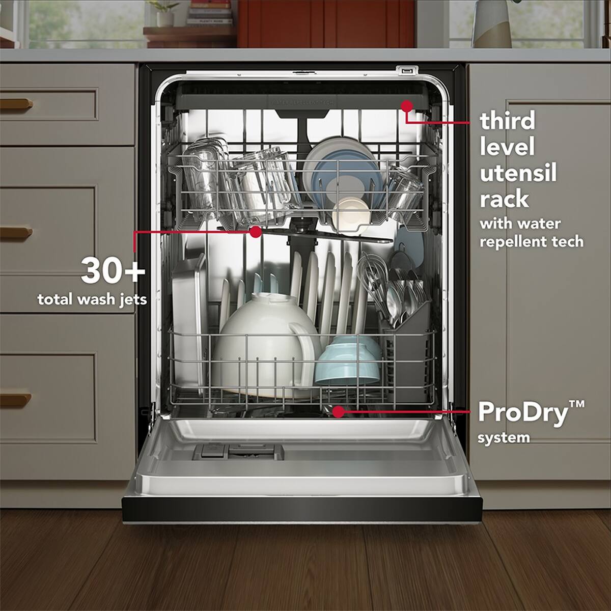 30+ total wash jets  
2E third level utensil rack with water repellent tech  
ProDry™ system
