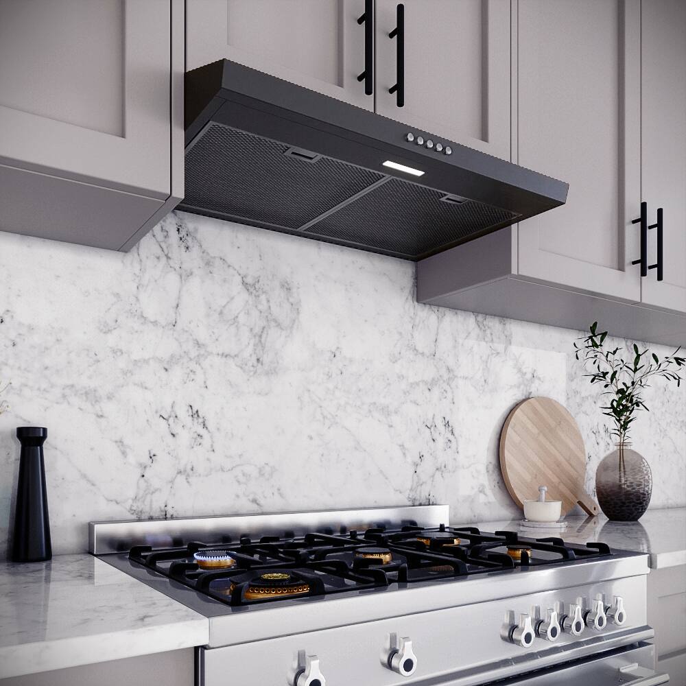 Back. Streamline - 30 in. Domenico Ducted Undermount 80 CFM Range Hood, Mesh Filters, Push Button Control, LED Light - Grit Black.