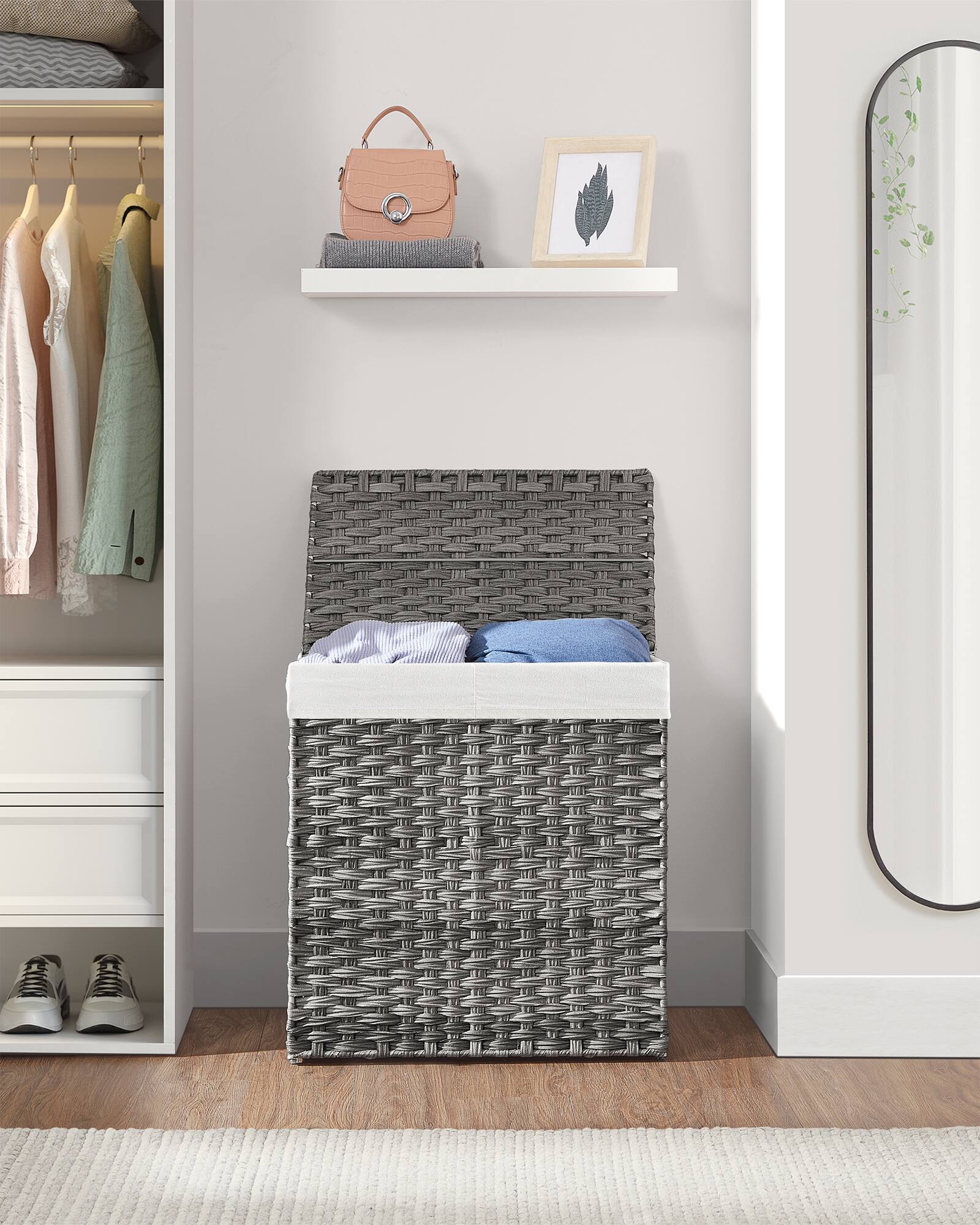 Alt View 5. Songmics Home - Laundry Hamper with Lid, 110L Clothes Hamper with 2 Removable Liner Bags, 6 Mesh Bags, Wicker Laundry Basket - Gray.