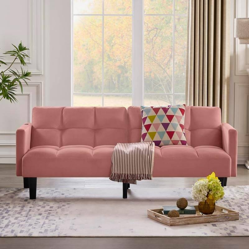 Alt View 2. Trinkets Crazed - Velvet Futon Couch Convertible Folding Sofa Bed Tufted Couch for Apartment  - pink.