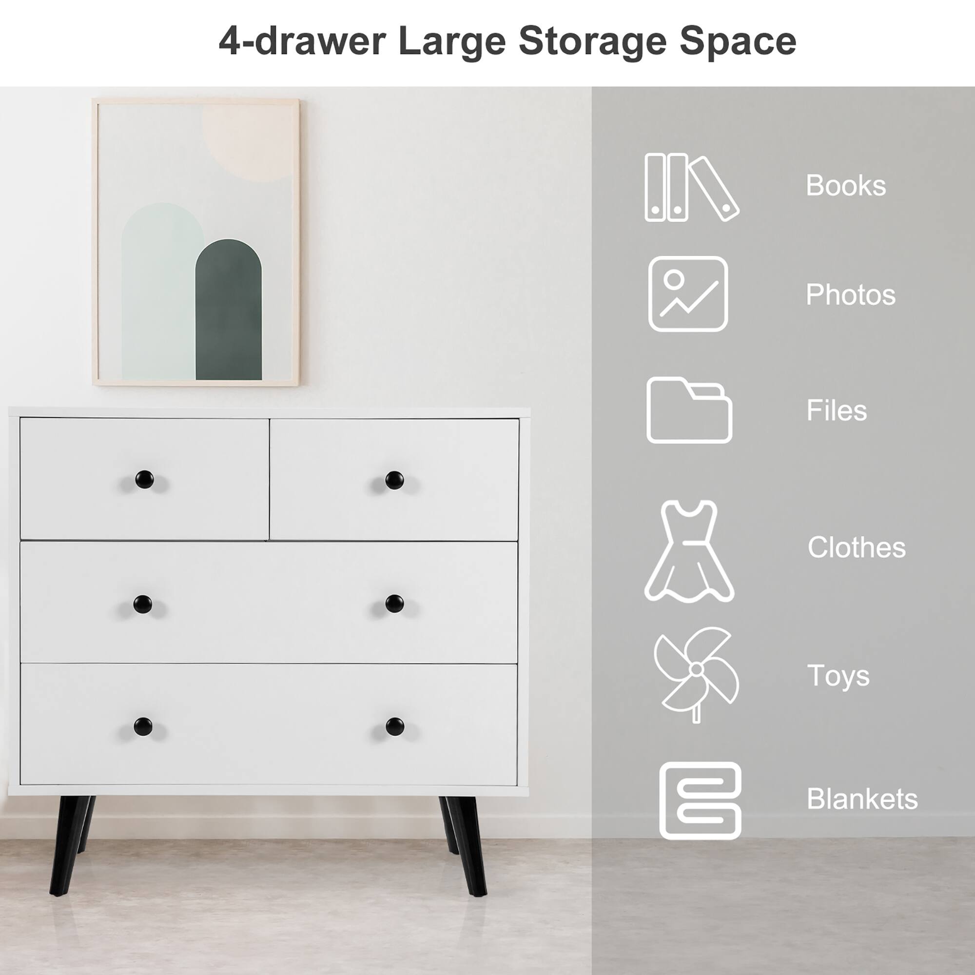 4-drawer Large Storage Space
Books
Photos
Files
Clothes
Toys
Blankets