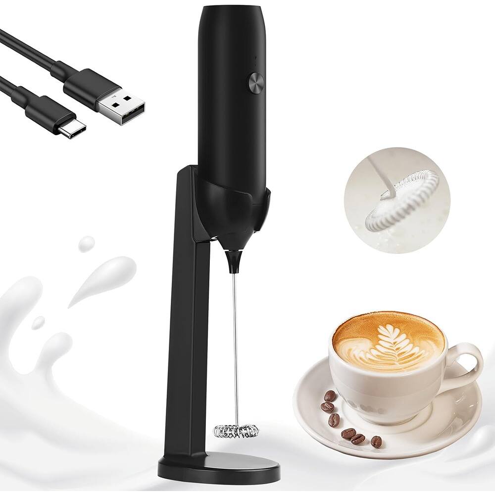 Left. ACJPR - Rechargeable Handheld Milk Frother USB-C with Stand, Powerful Electric Foam Maker and Mini Drink Mixer for Coffee, Latte - Black.