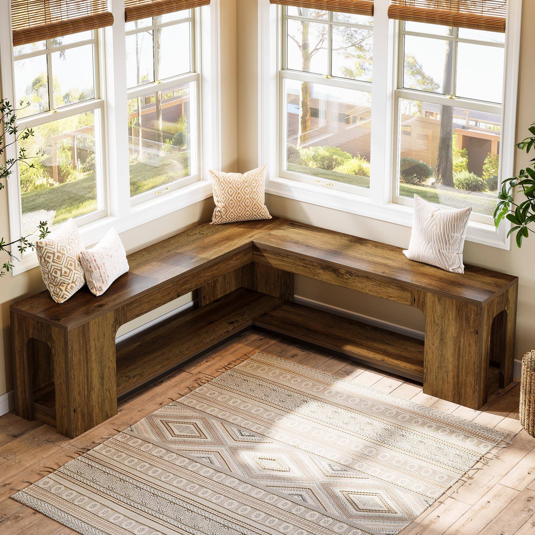 Back. Tribesigns - L Shaped Corner Bench with Removable Seat Cushion, 47.24" Farmhouse Breakfast Nook Bench, Corner Bench for Kitchen, Dini - Rustic Brown.