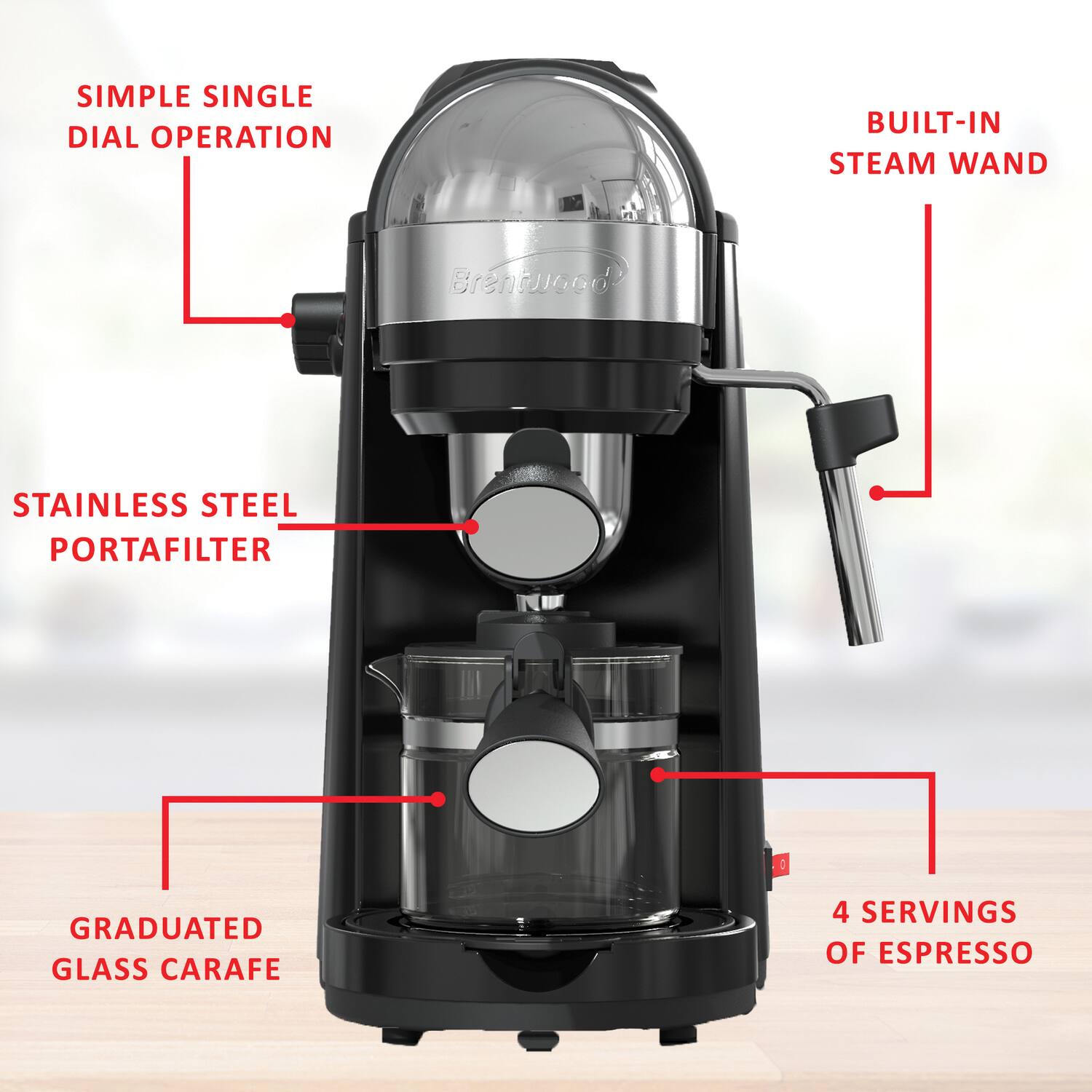 - SIMPLE SINGLE DIAL OPERATION
- BUILT-IN STEAM WAND
- STAINLESS STEEL PORTAFILTER
- GRADUATED GLASS CARAFE
- 4 SERVINGS OF ESPRESSO