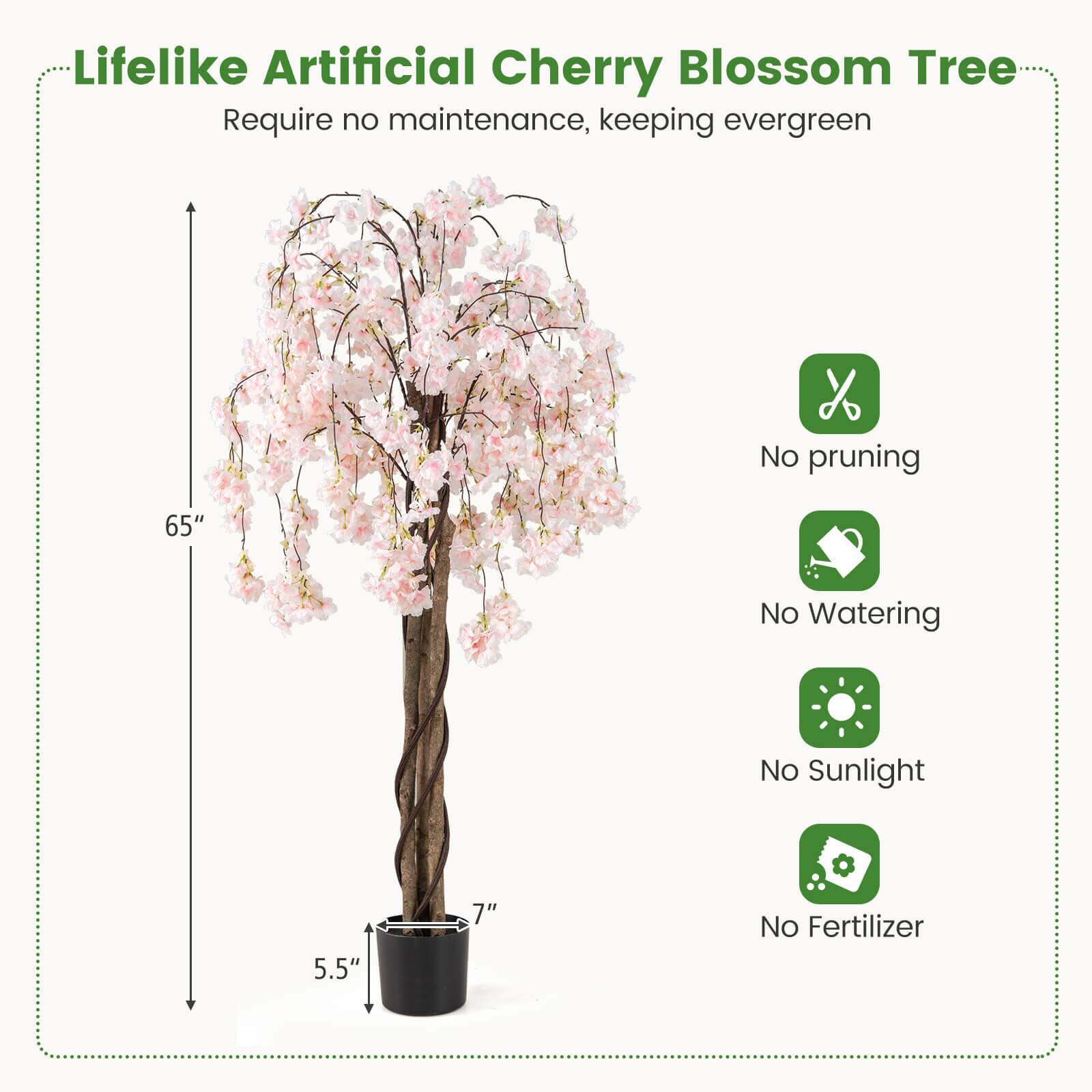 Lifelike Artificial Cherry Blossom Tree  
Require no maintenance, keeping evergreen  

- No pruning  
- No Watering  
- No Sunlight  
- No Fertilizer  

65"  
5.5"  
7"