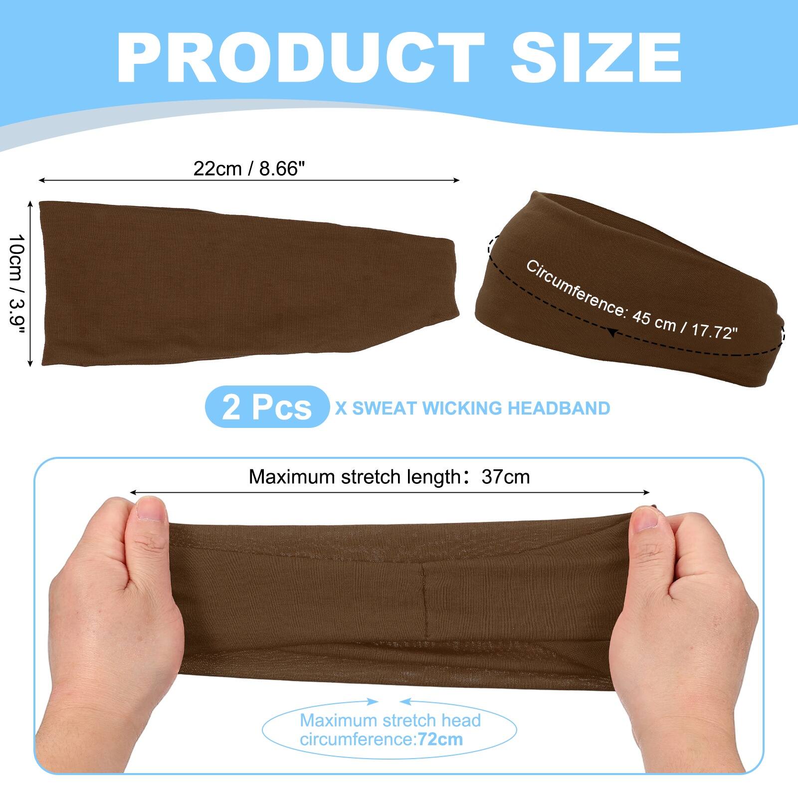 PRODUCT SIZE

22cm / 8.66"  
10cm / 3.9"  
Circumference: 45 cm / 17.72"  

2 Pcs X SWEAT WICKING HEADBAND  

Maximum stretch length: 37cm  
Maximum stretch head circumference: 72cm