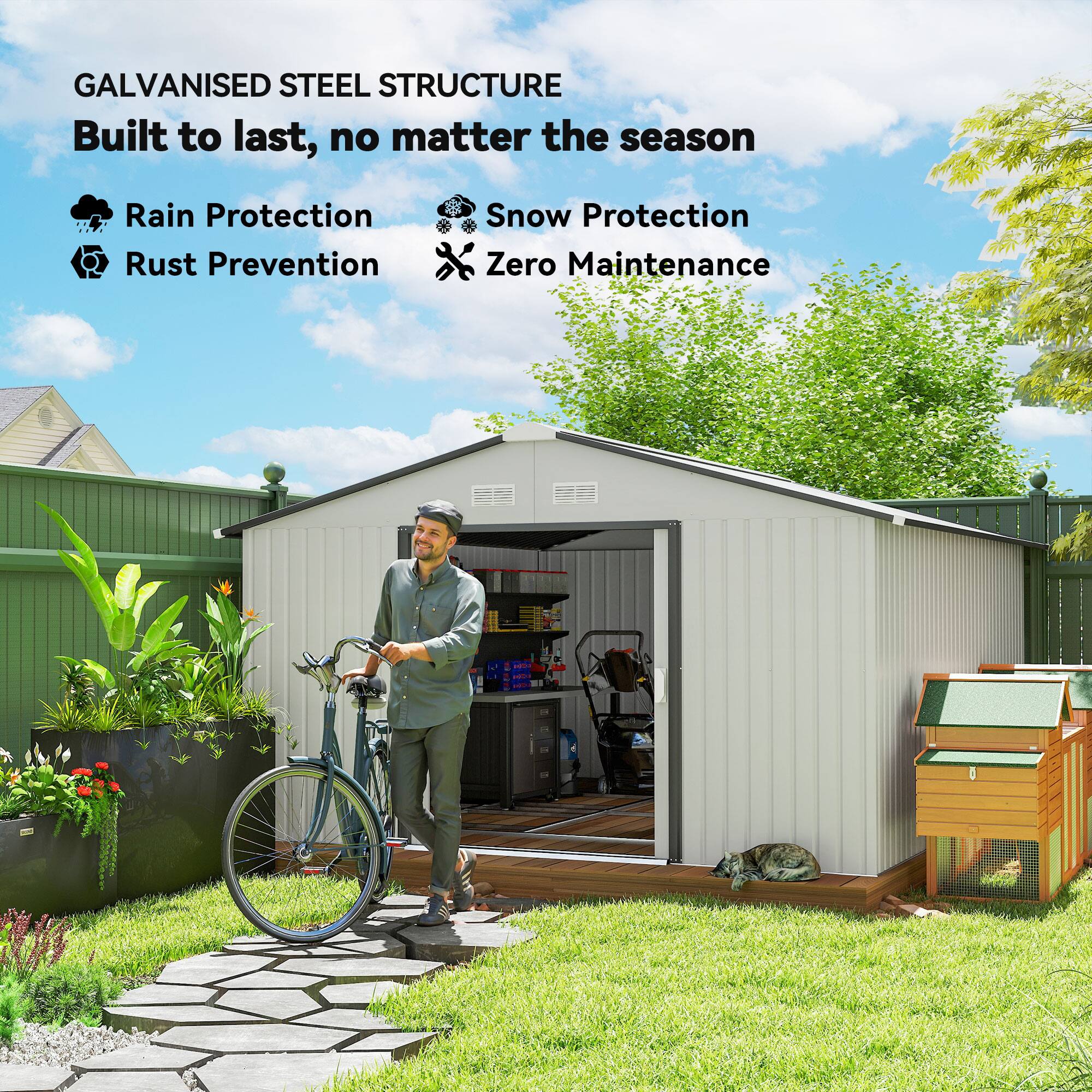 GALVANISED STEEL STRUCTURE  
Built to last, no matter the season  

- Rain Protection  
- Rust Prevention  
- Snow Protection  
- Zero Maintenance
