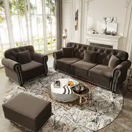 Anysun - 4-Seat Velvet Chesterfield Sofa Set (1+3) w/ Nailhead, Rolled Armrests, Button Tufted, 1 Ottoman, Mid-Century - Brown